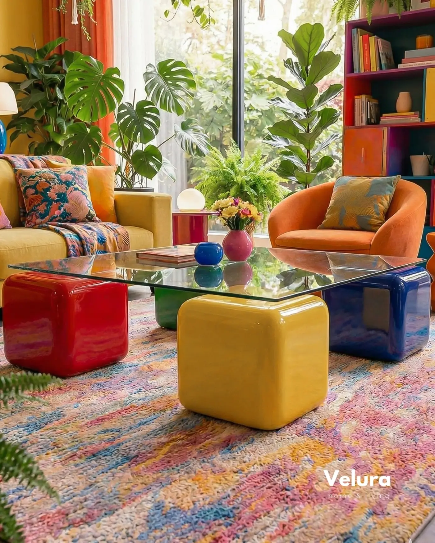 Kare şeffaf camlı sarı yeşil kırmızı mavi zar gövdeli orta sehpa modeli