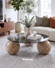Küre Orta Sehpa - Traverten Mermer Top - Yuvarlak - Füme Cam Küre Orta Sehpa - Traverten Mermer Top - Yuvarlak - Füme Cam