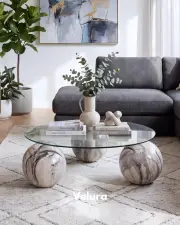Küre Orta Sehpa - Diana Traverten Mermer - yuvarlak cam Küre Orta Sehpa - Diana Traverten Mermer - yuvarlak cam