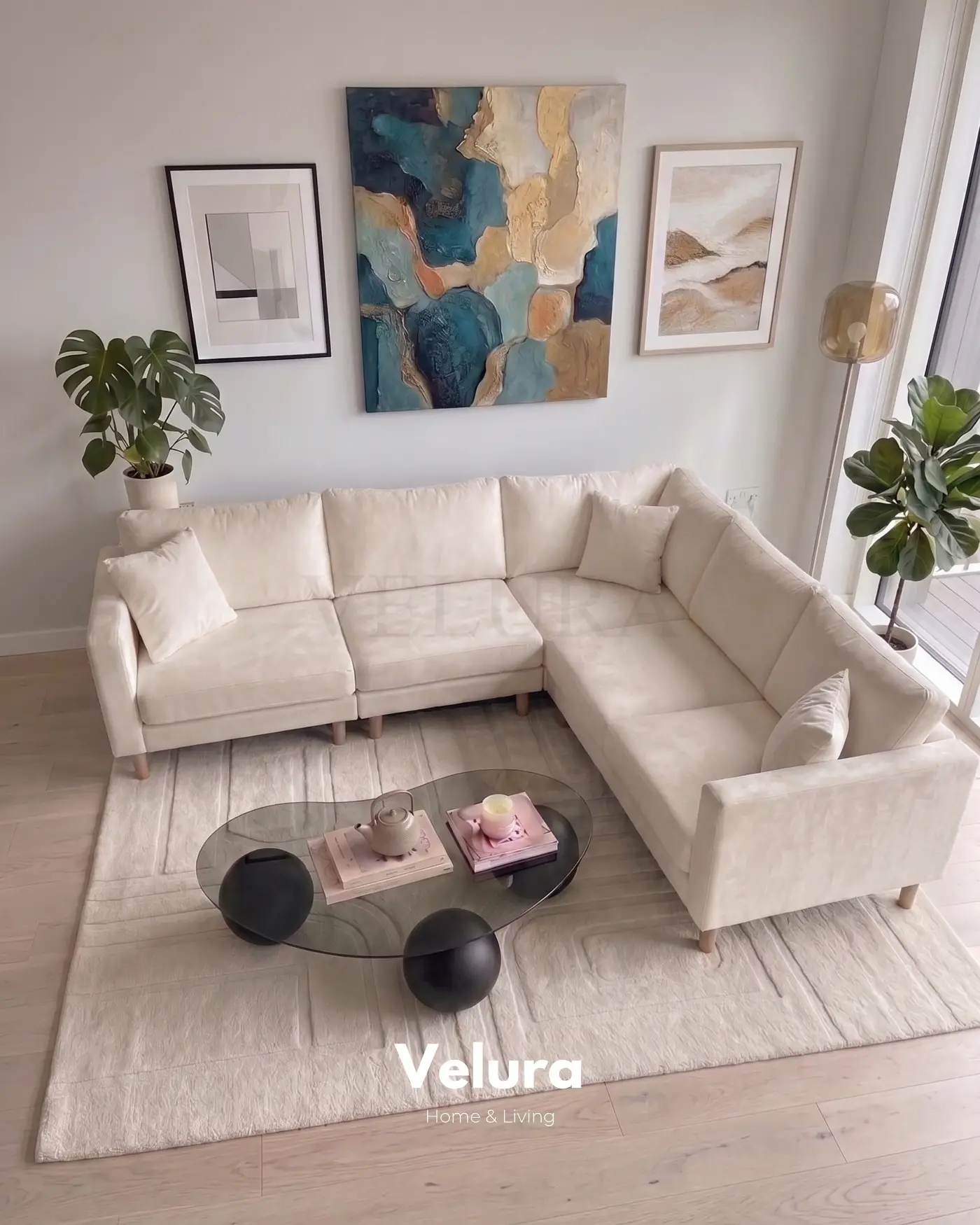 Krem kadife Armin köşe takımı 250 x 250 cm geniş oturumlu model