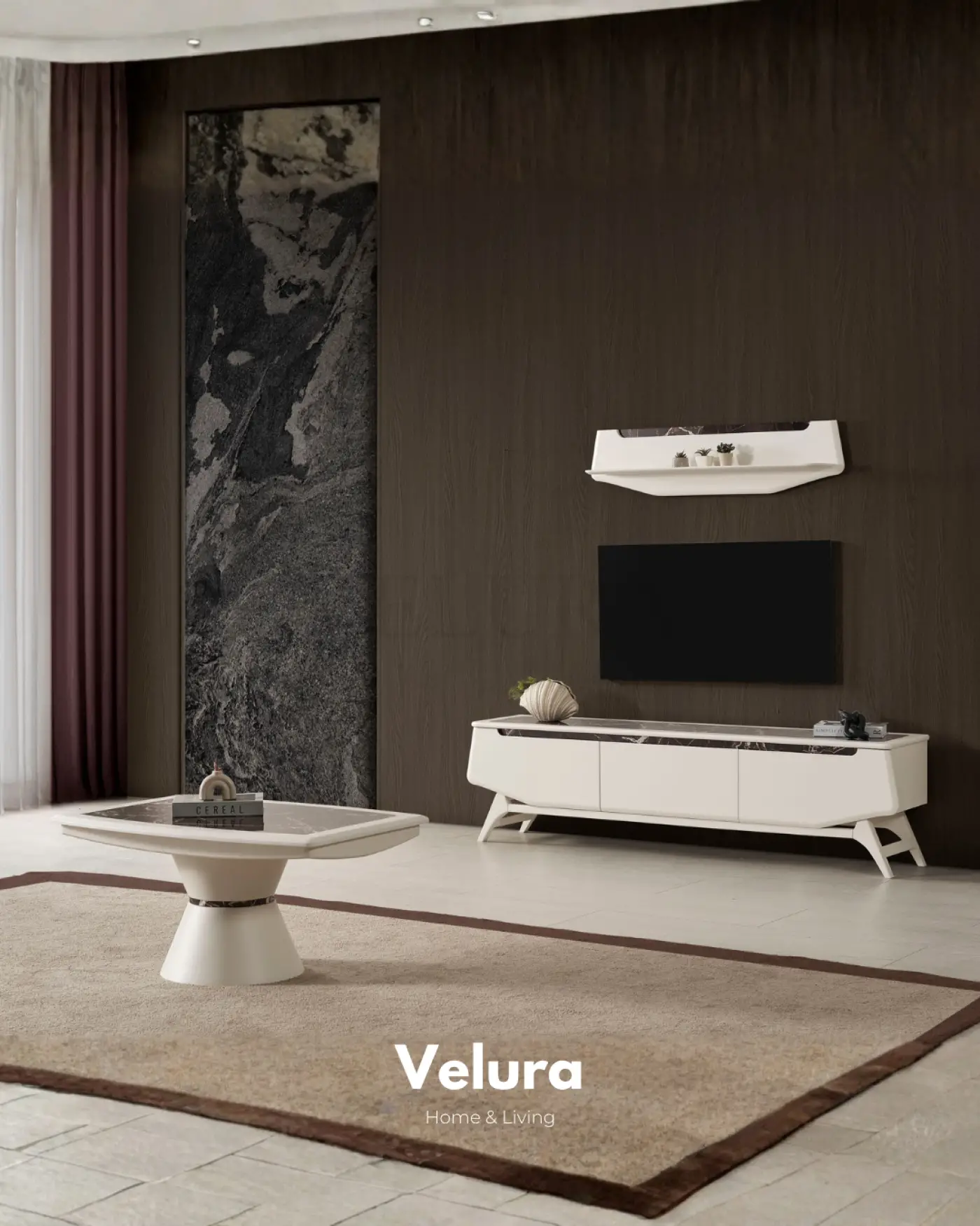 Balat Orta Sehpa krem renkli seramik detaylı modern sehpa