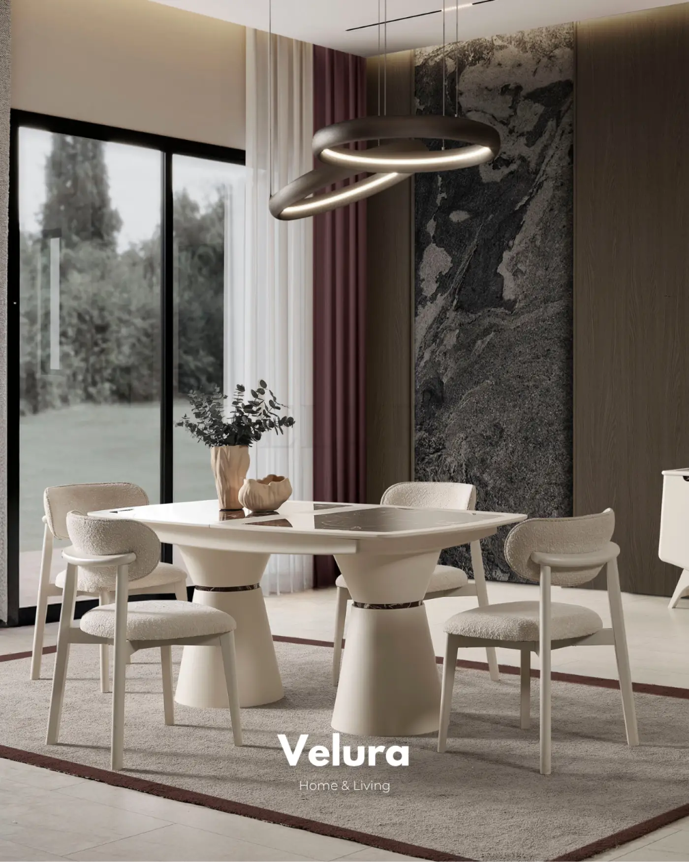 Balat Yemek Masası krem renkli seramik detaylı açılabilir yemek masası