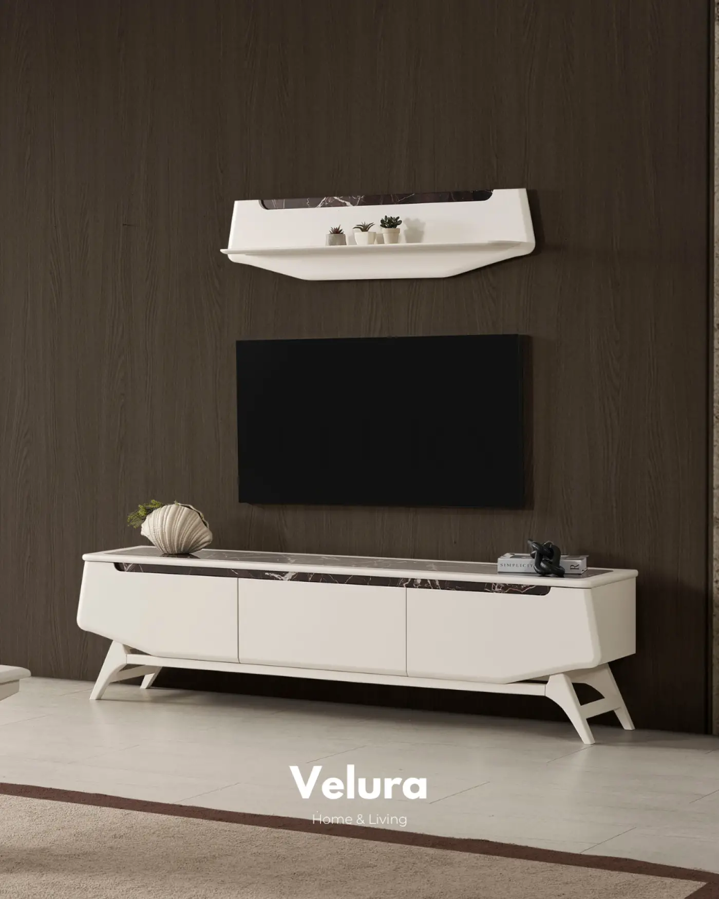 Balat Tv Ünitesi krem renkli seramik detaylı modern tv ünitesi