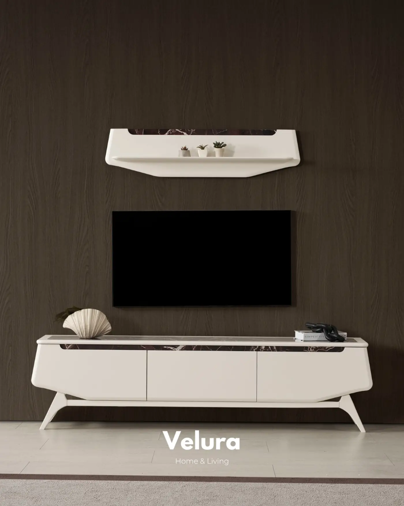 Balat Tv Ünitesi krem renkli seramik detaylı modern tv ünitesi