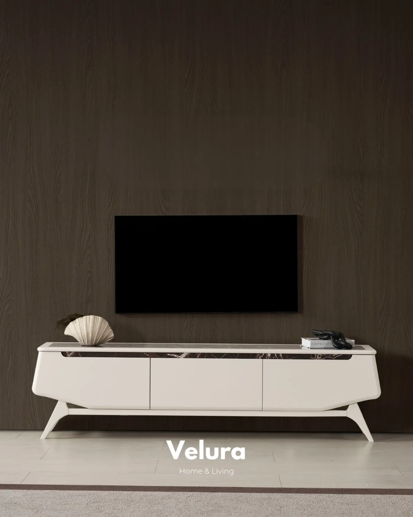 Balat Tv Ünitesi krem renkli seramik detaylı modern tv ünitesi