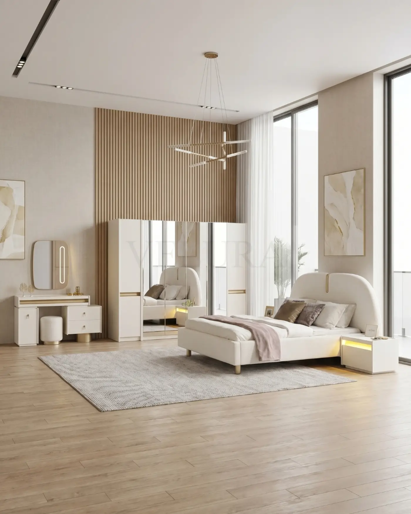Bern 6 Kapaklı Aynalı Gardırop - Geniş Depolama Krem modern Bern yatak odası takımı aynalı dolaplı set görünümü