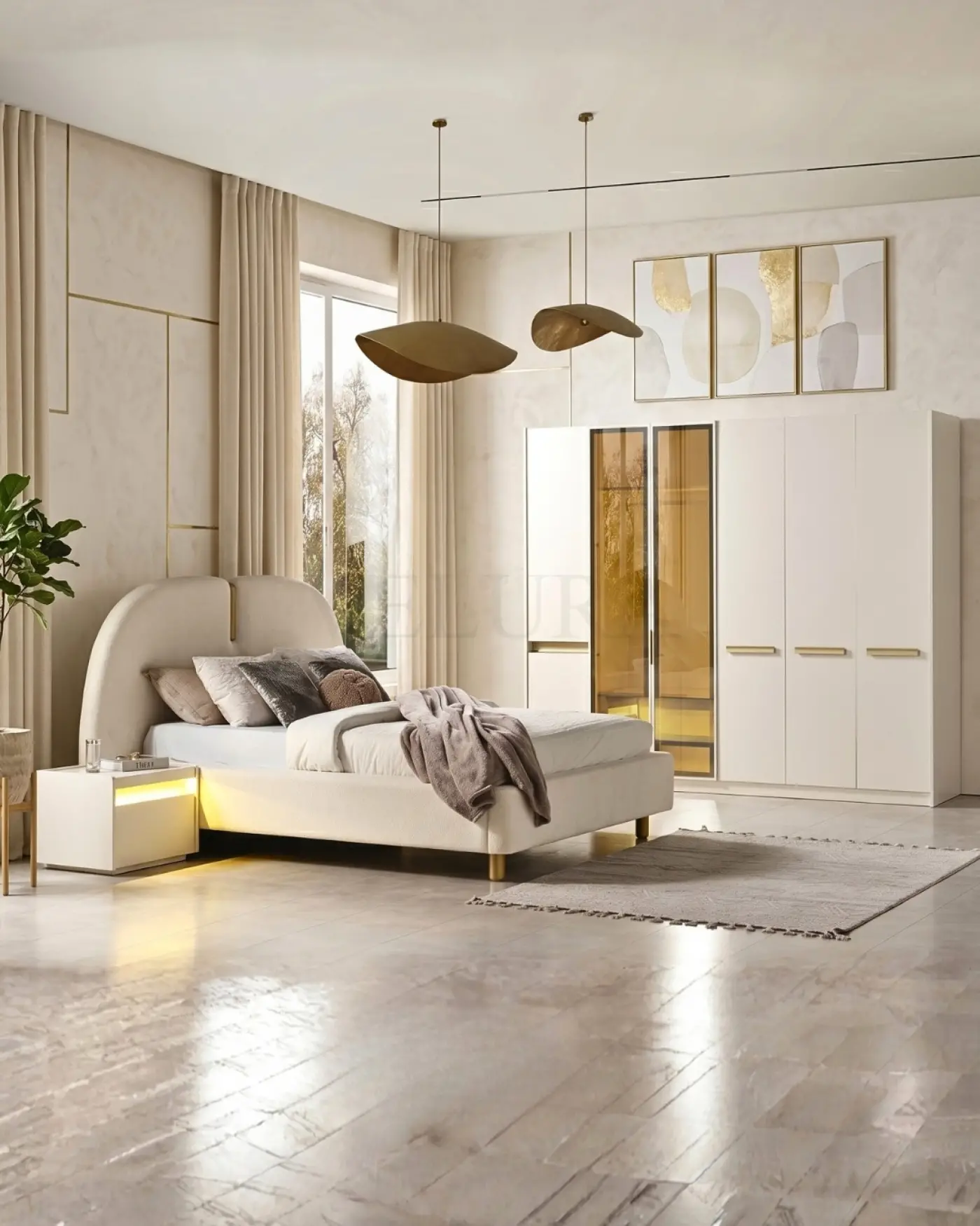 Bern Yatak Odası Takımı - 6 Kapaklı Dolap (Reflektif) Krem modern Bern yatak odası takımı reflektif dolaplı set görünümü