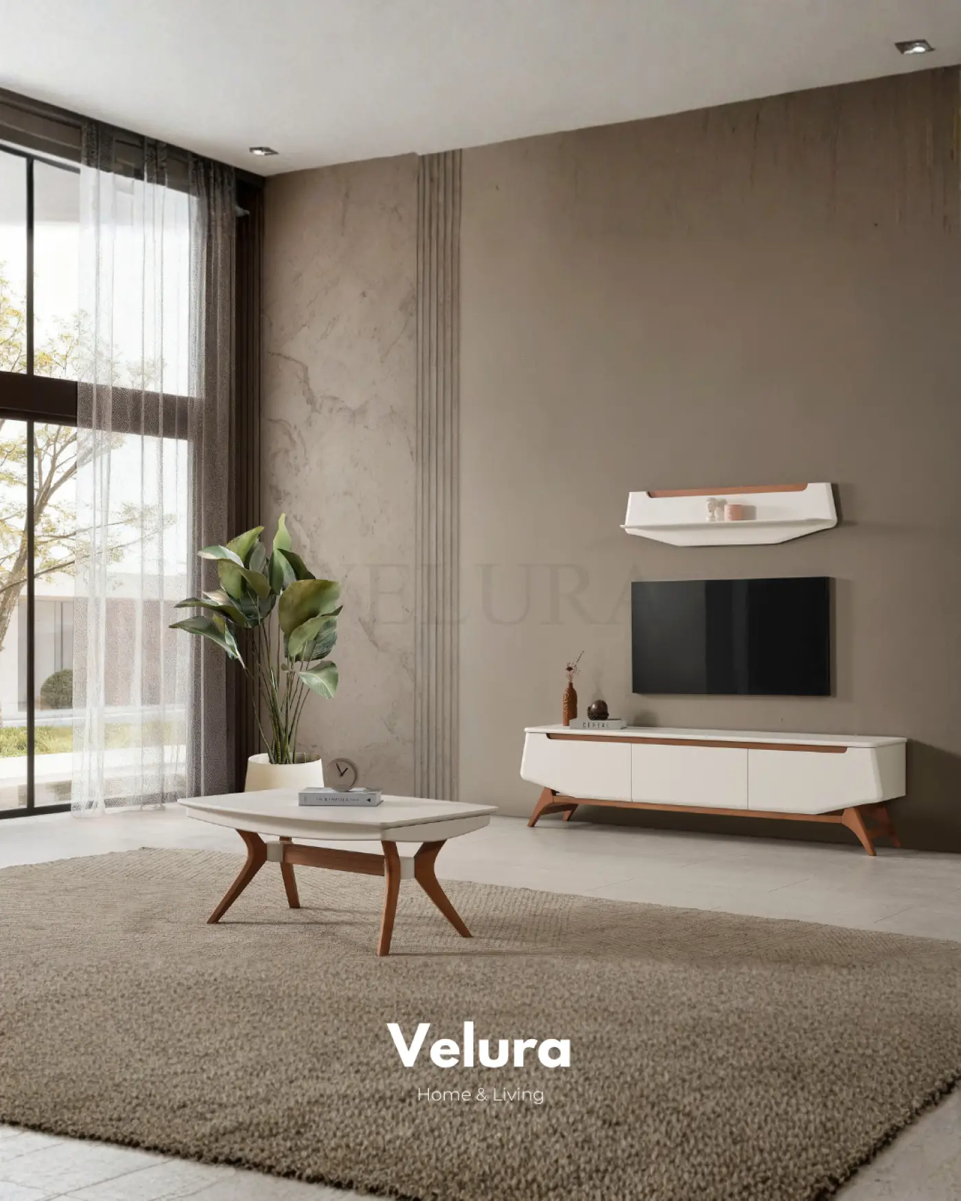 Beykoz Orta Sehpa krem renkli ceviz ayaklı modern sehpa modeli