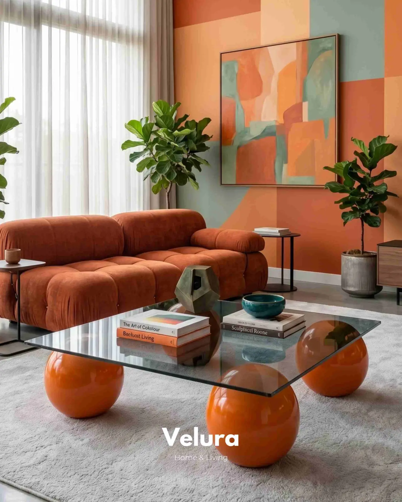 100x100 cm kare füme cam tablalı turuncu küre sehpa