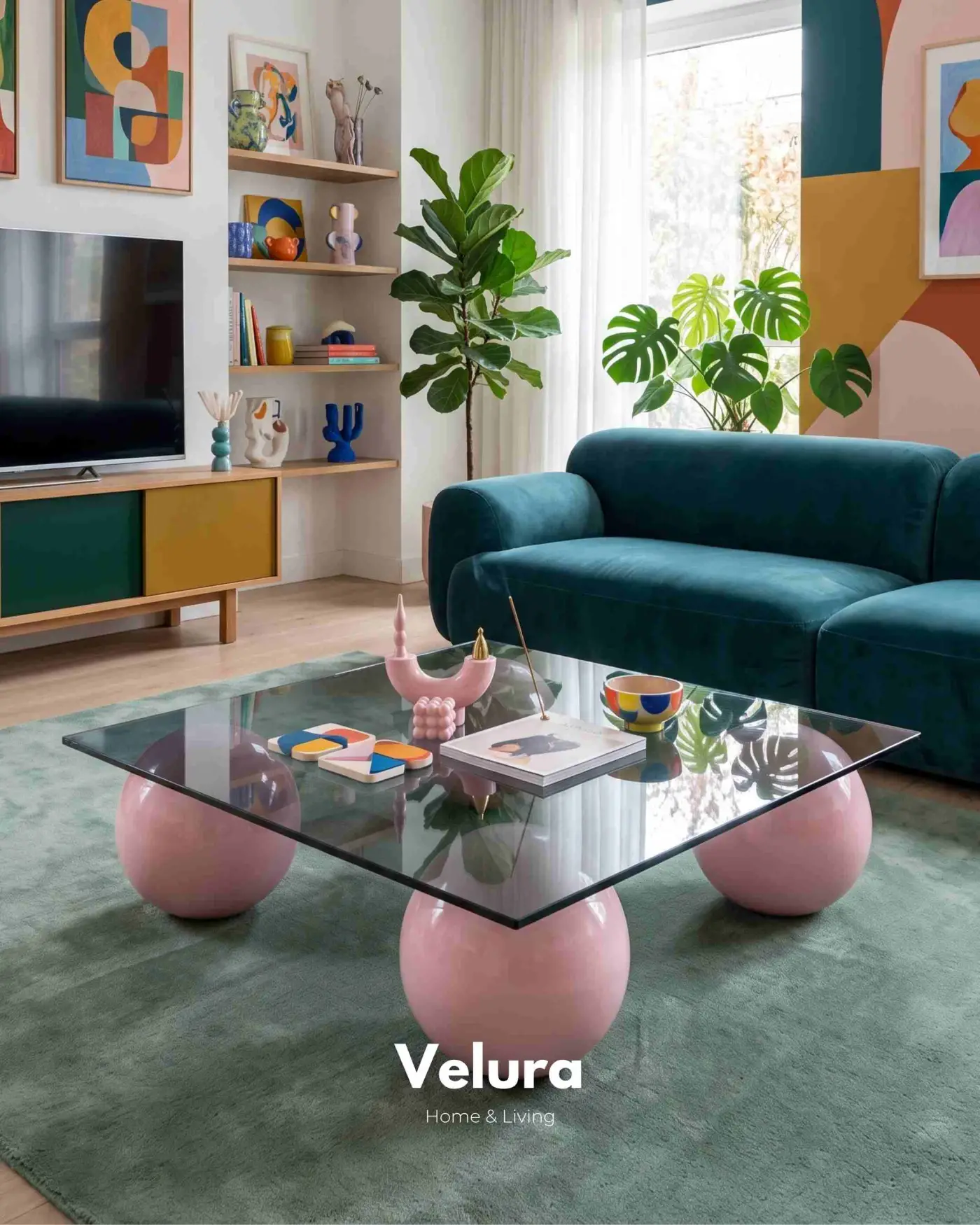 Modern kare koyu füme camlı pembe salon sehpası