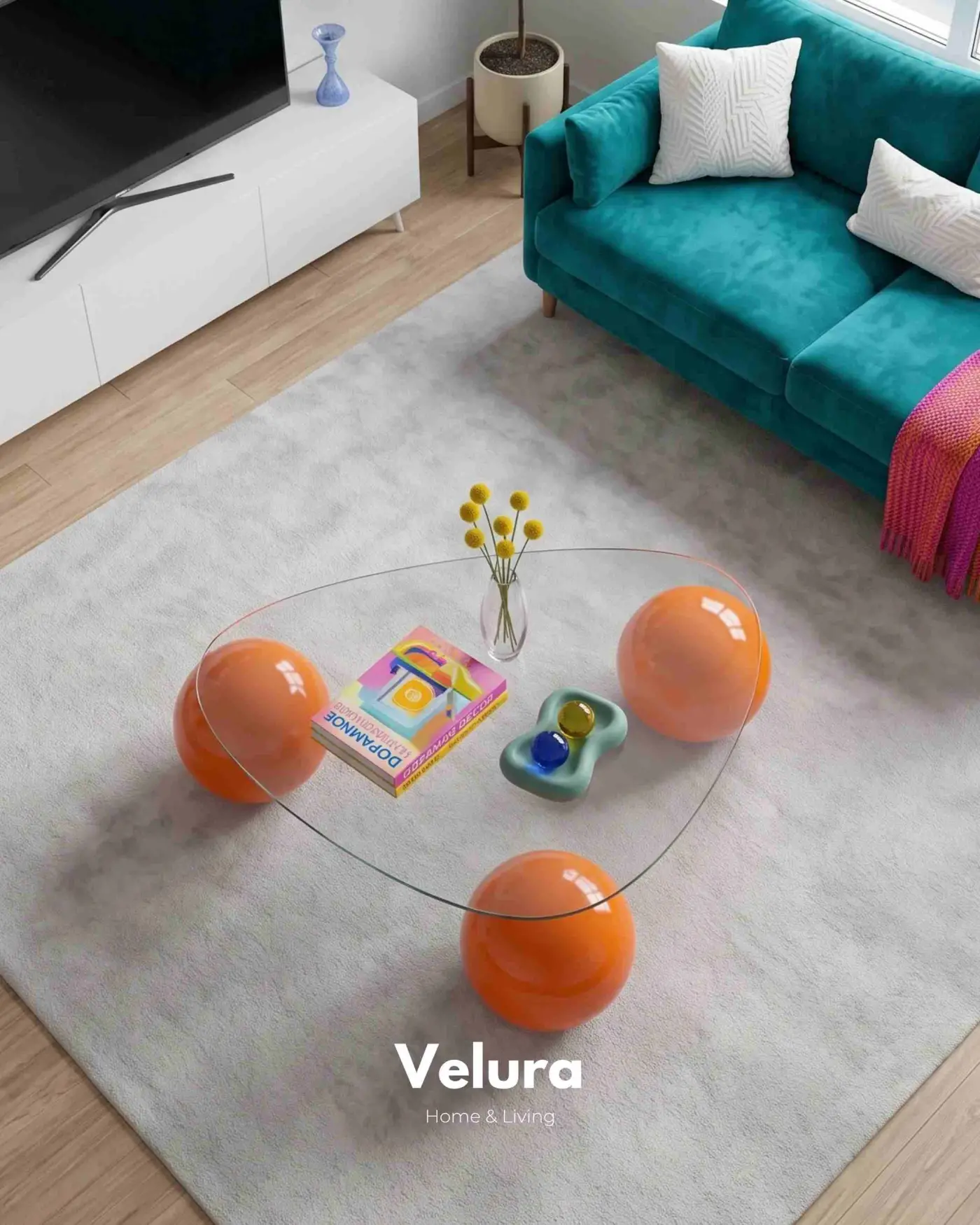 Geometrik tasarımlı turuncu küre ayaklı orta sehpa