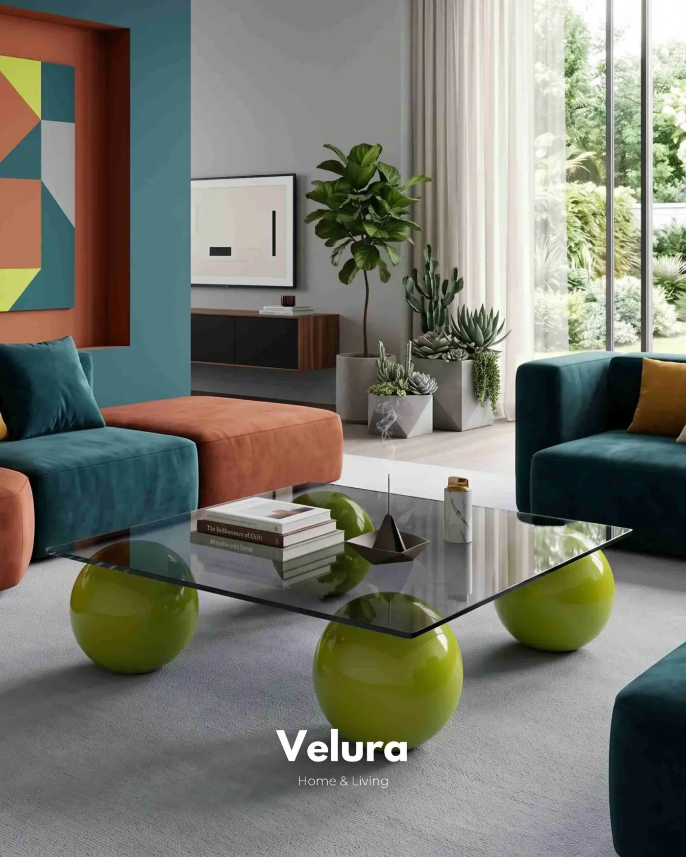 100x100 cm kare füme cam tablalı fıstık yeşili sehpa