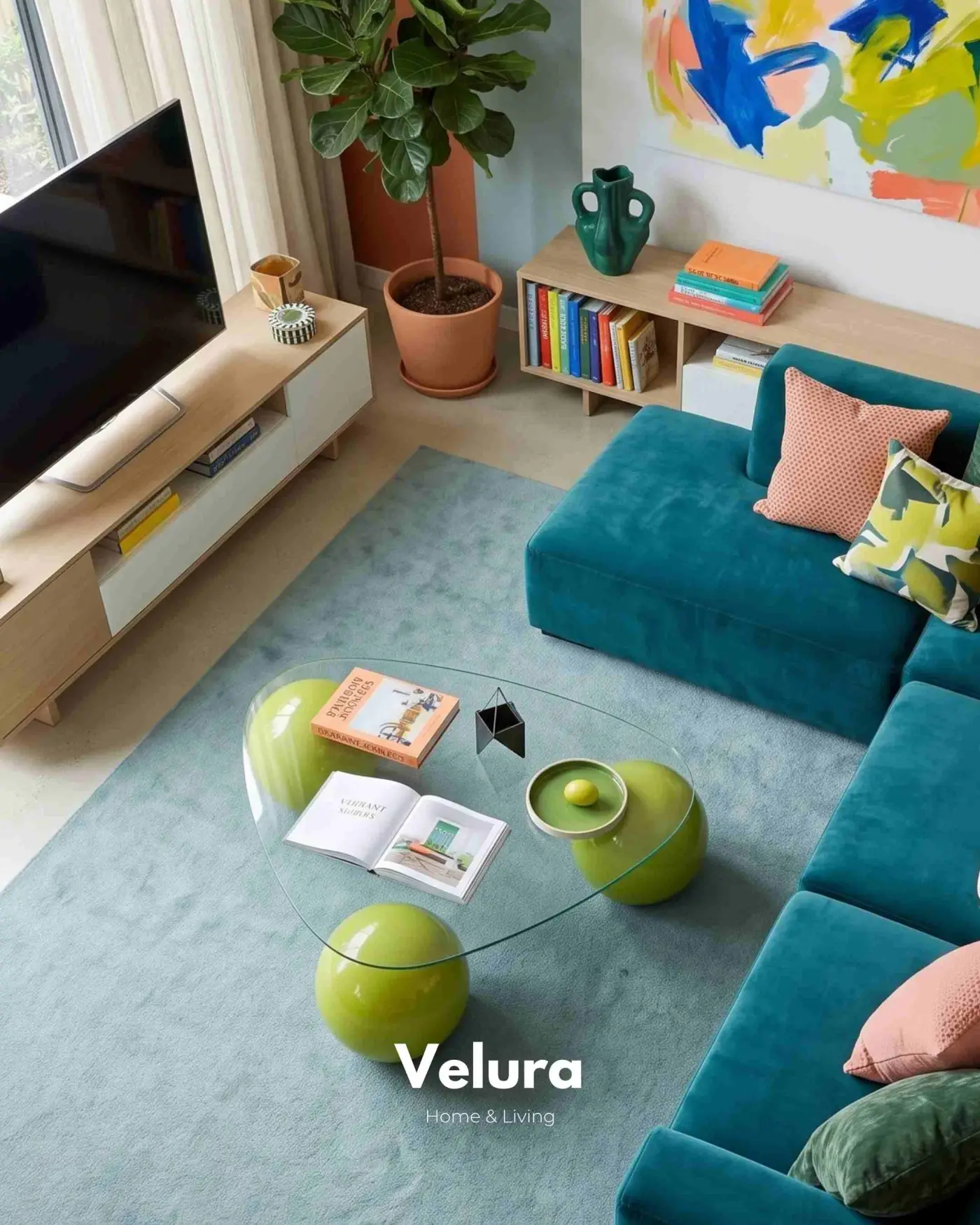 Geometrik tasarımlı fıstık yeşili küre ayaklı orta sehpa