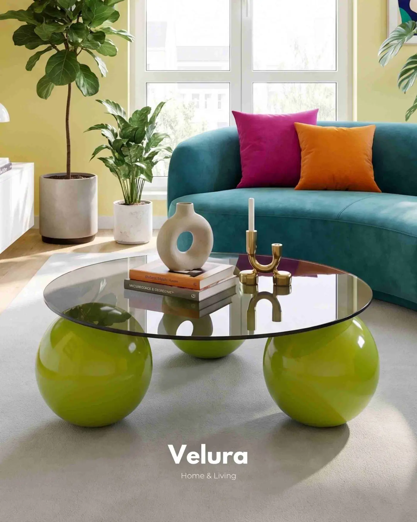 Koyu füme yuvarlak cam yüzeyli fıstık yeşili orta sehpa