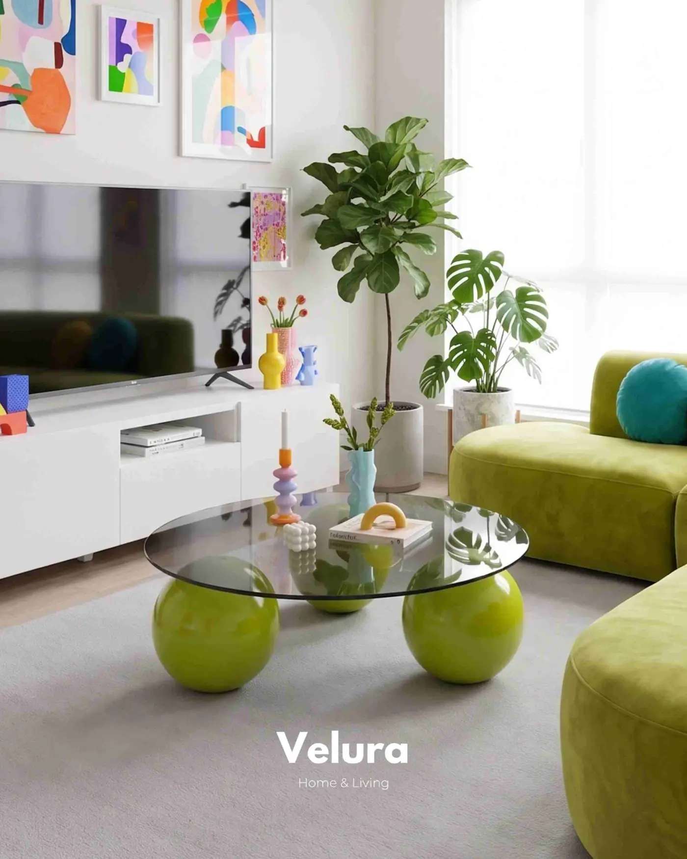 Koyu füme yuvarlak cam yüzeyli fıstık yeşili orta sehpa