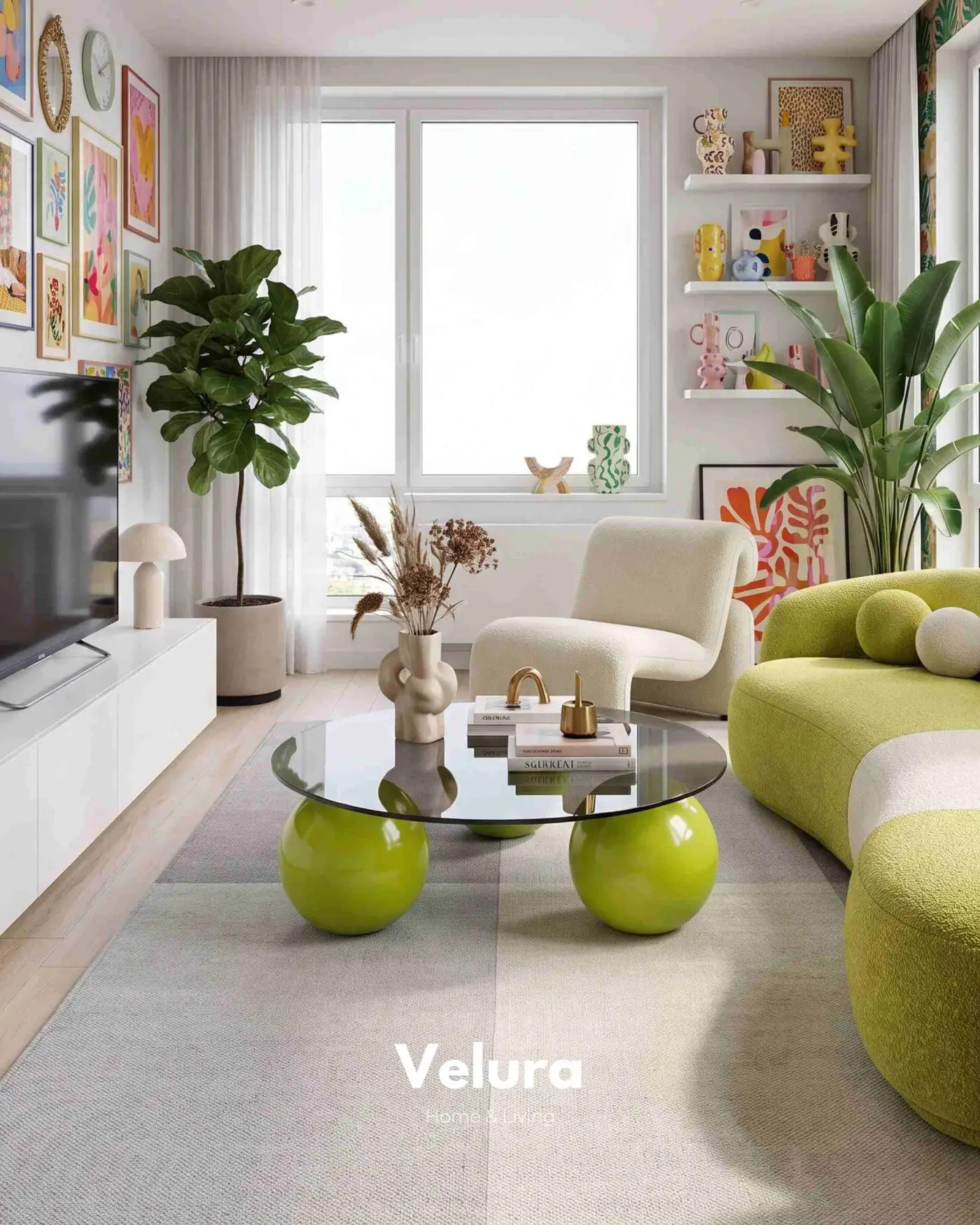 Koyu füme yuvarlak cam yüzeyli fıstık yeşili orta sehpa