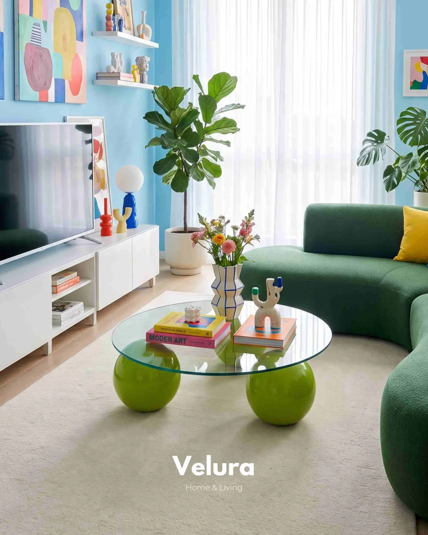 Velura Home fıstık yeşili poliüretan ayaklı cam sehpa