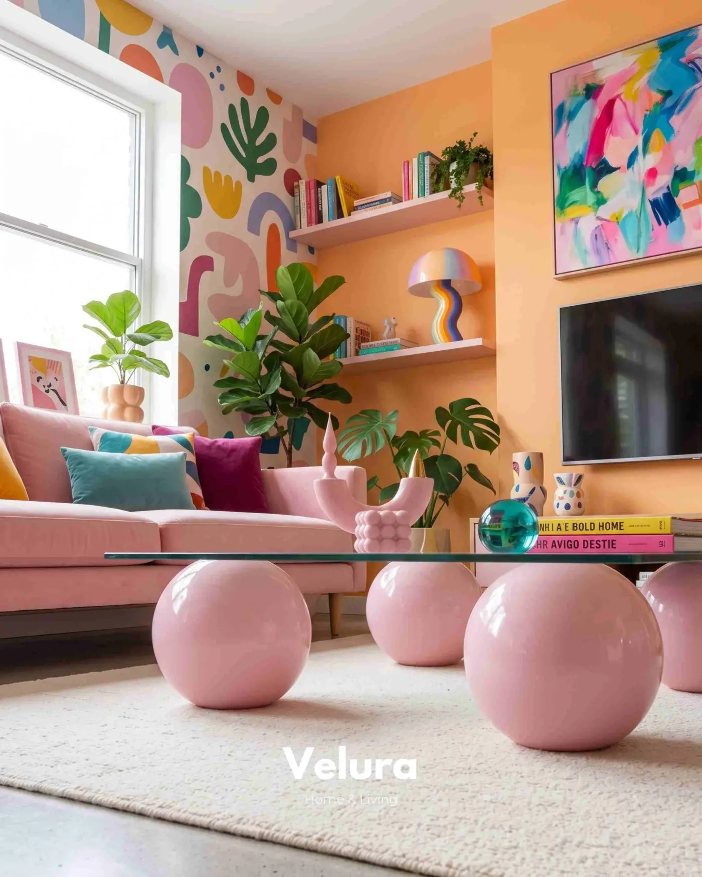 Velura Home pembe poliüretan ayaklı kare cam sehpa
