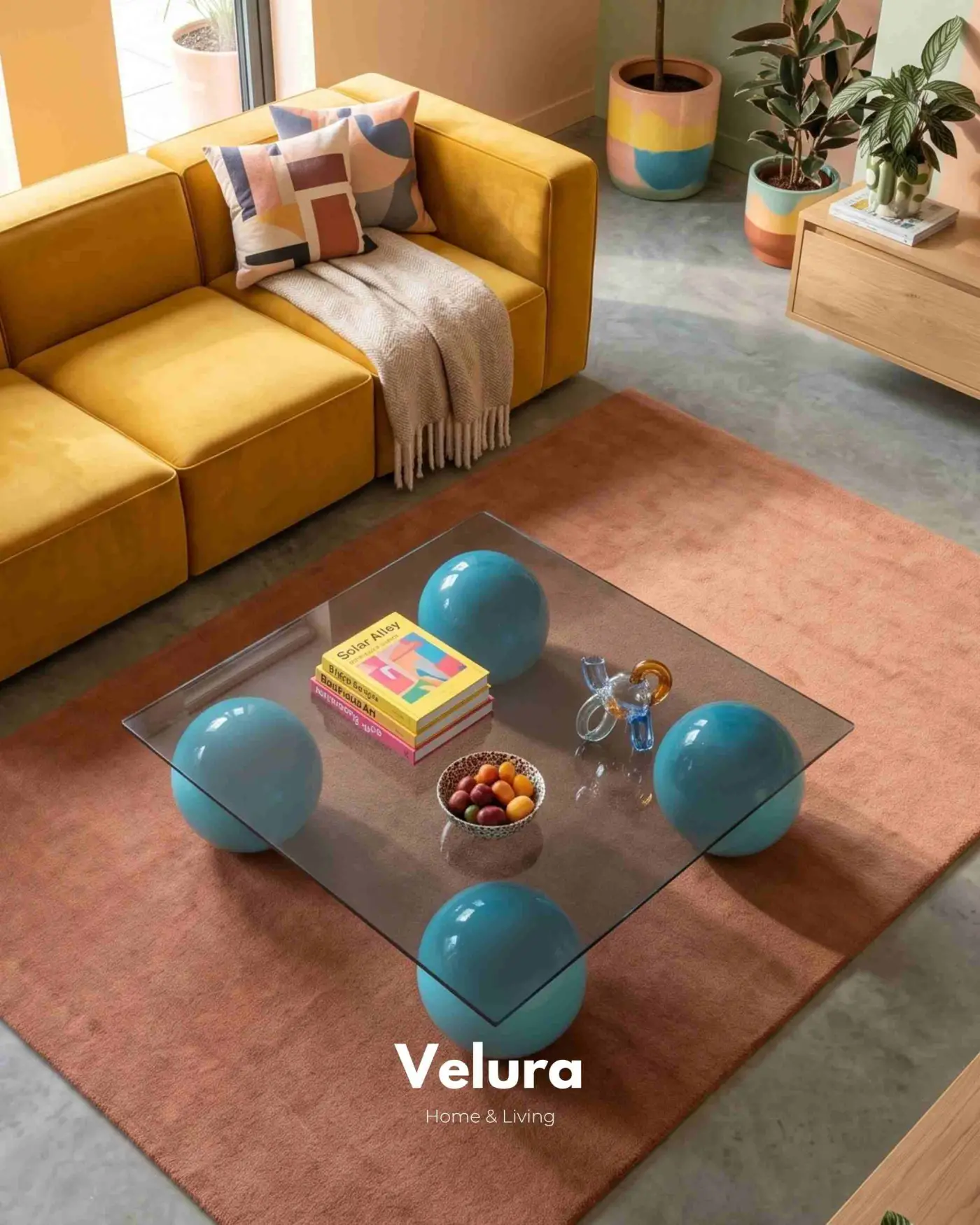 Velura Turkuaz Küre Kare Füme Cam Sehpa