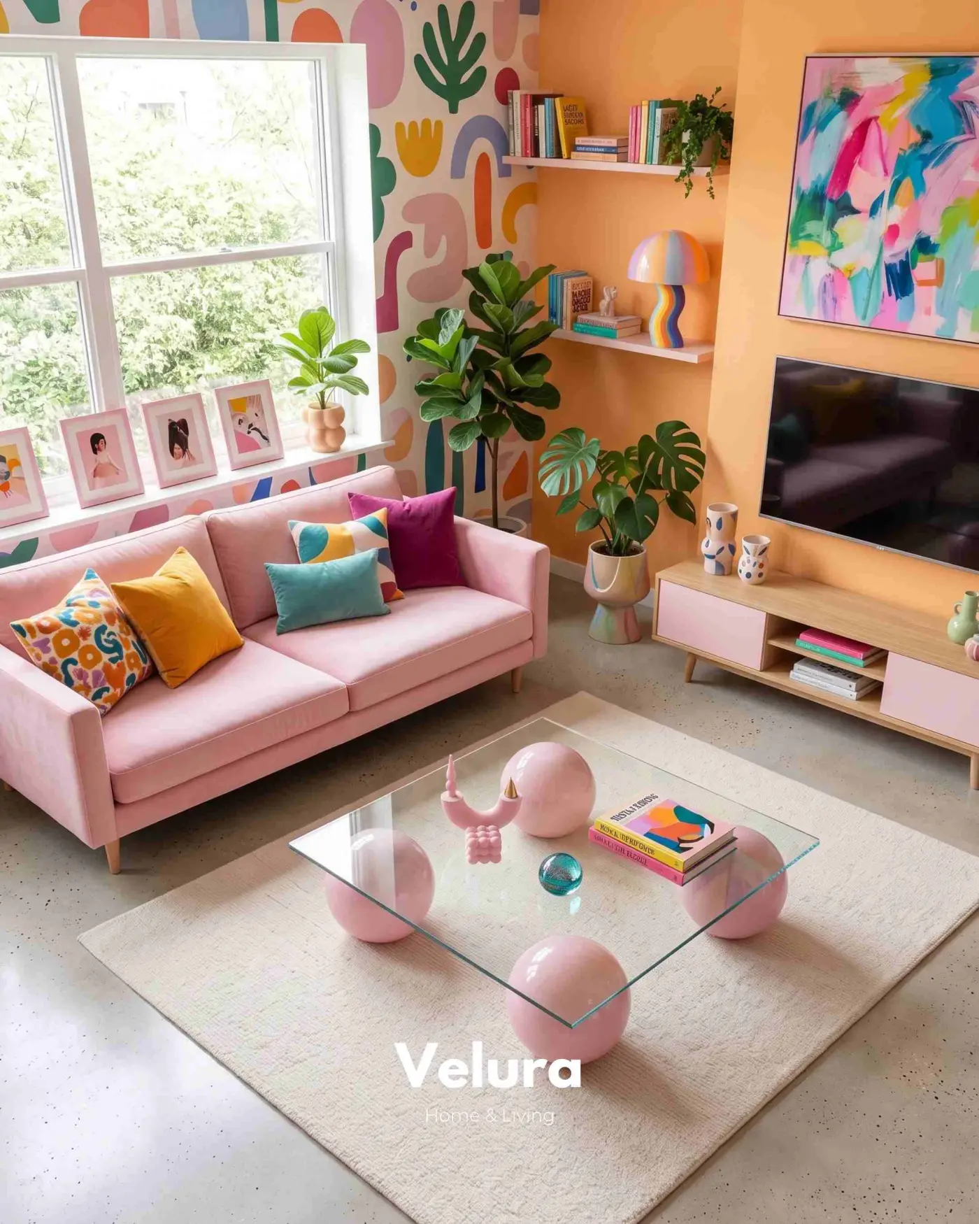 Velura Home pembe poliüretan ayaklı kare cam sehpa