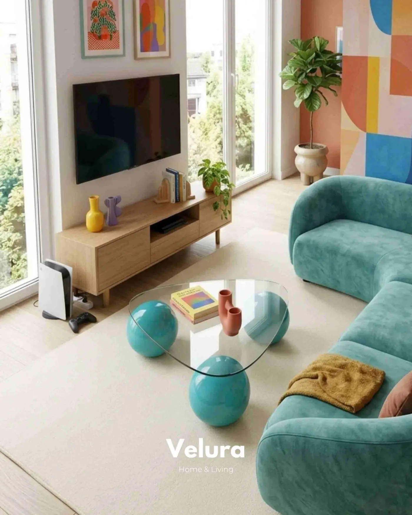 Geometrik tasarımlı turkuaz küre ayaklı cam sehpa