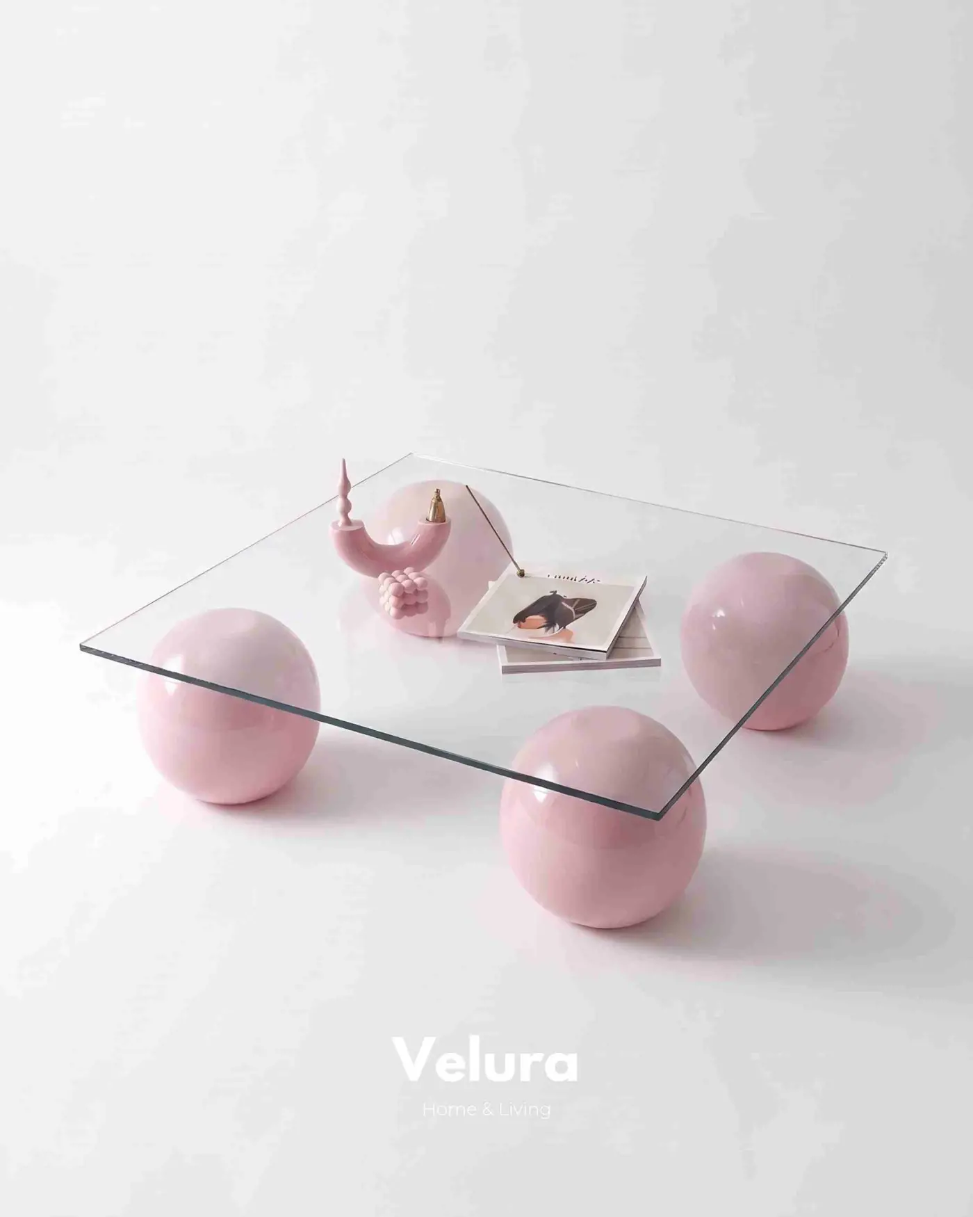 Velura Home pembe poliüretan ayaklı kare cam sehpa