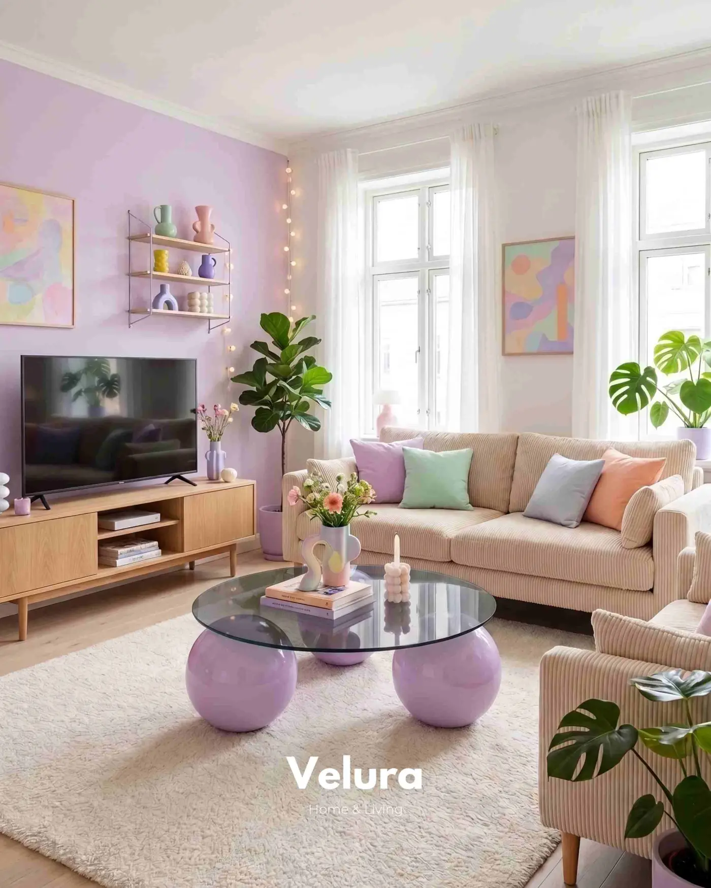 Yuvarlak koyu füme cam yüzeyli modern mor sehpa