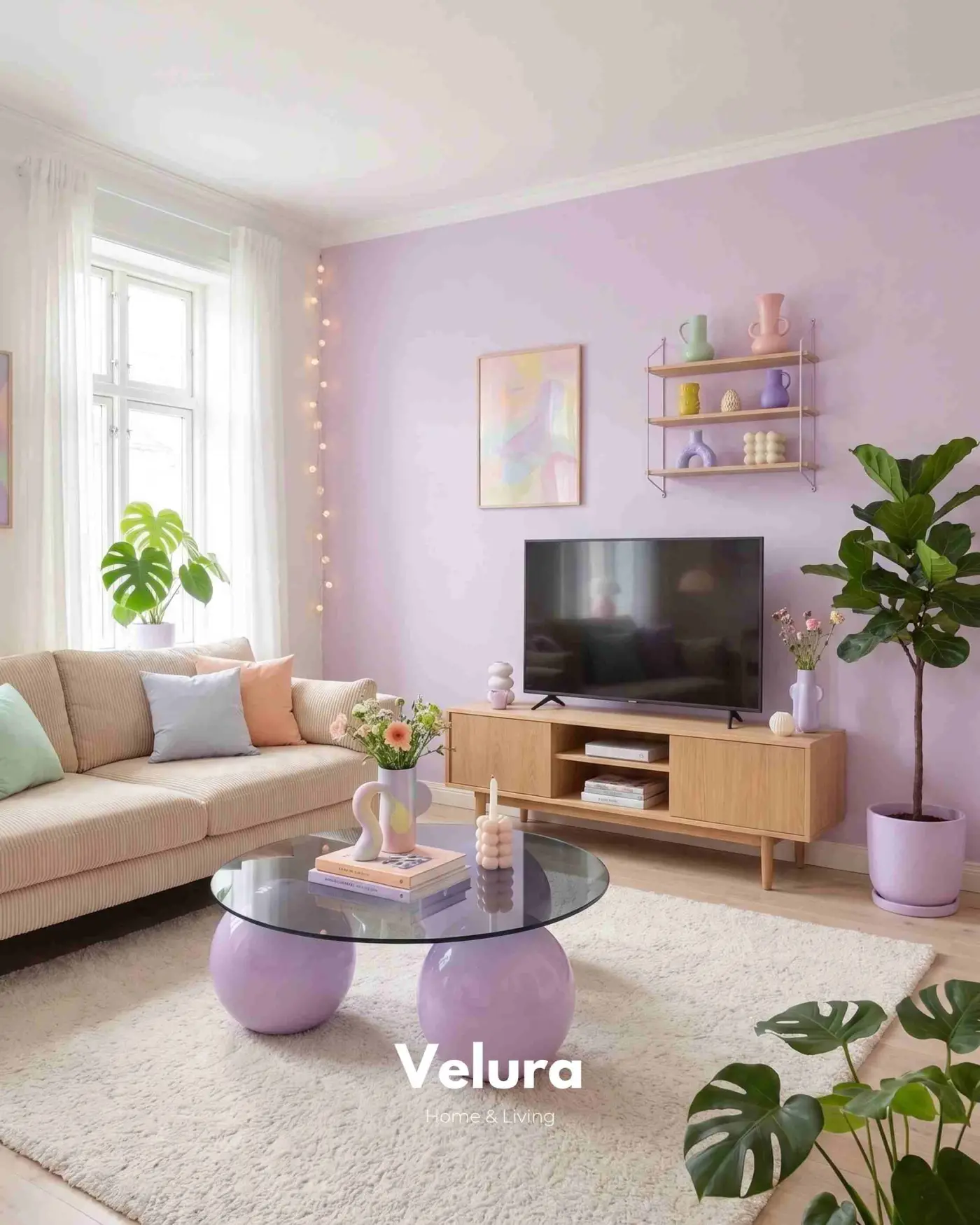 Yuvarlak koyu füme cam yüzeyli modern mor sehpa