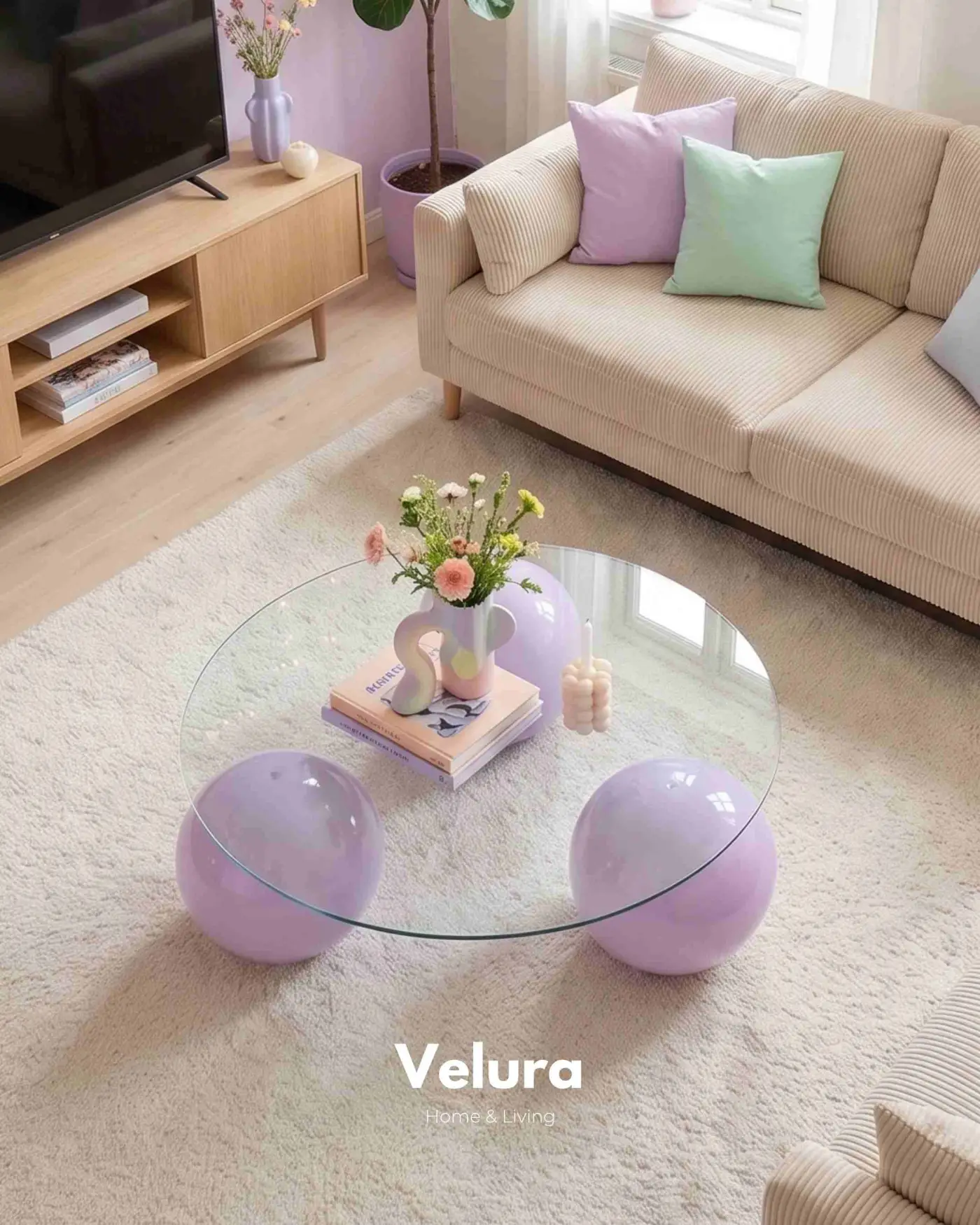 Velura Home mor poliüretan ayaklı şeffaf cam sehpa