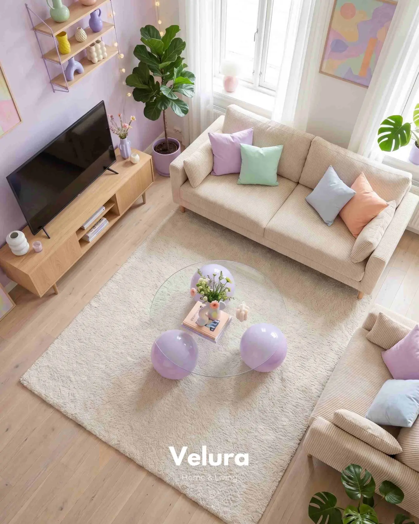 Velura Home mor poliüretan ayaklı şeffaf cam sehpa