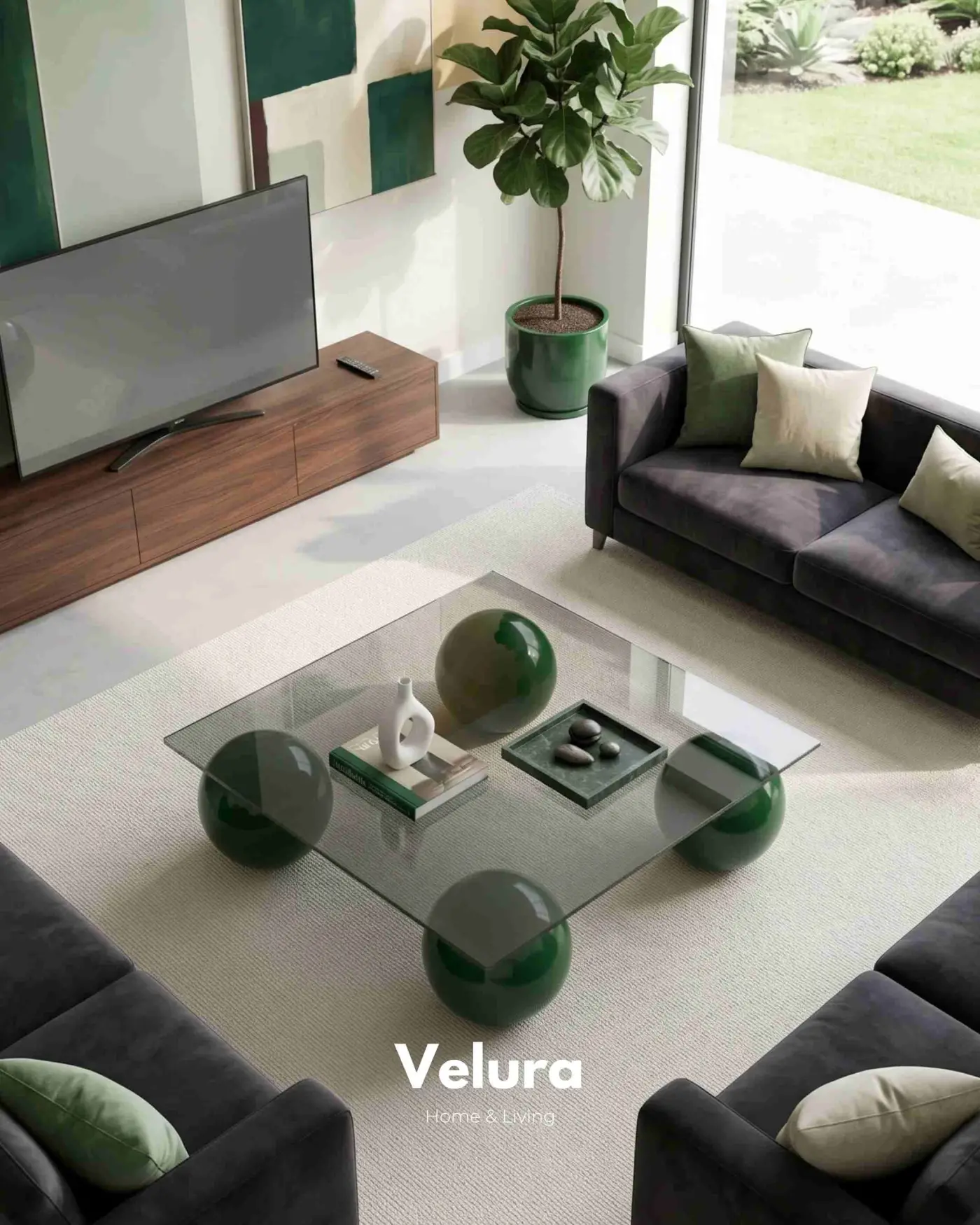 100x100 cm kare füme cam tablalı koyu yeşil sehpa