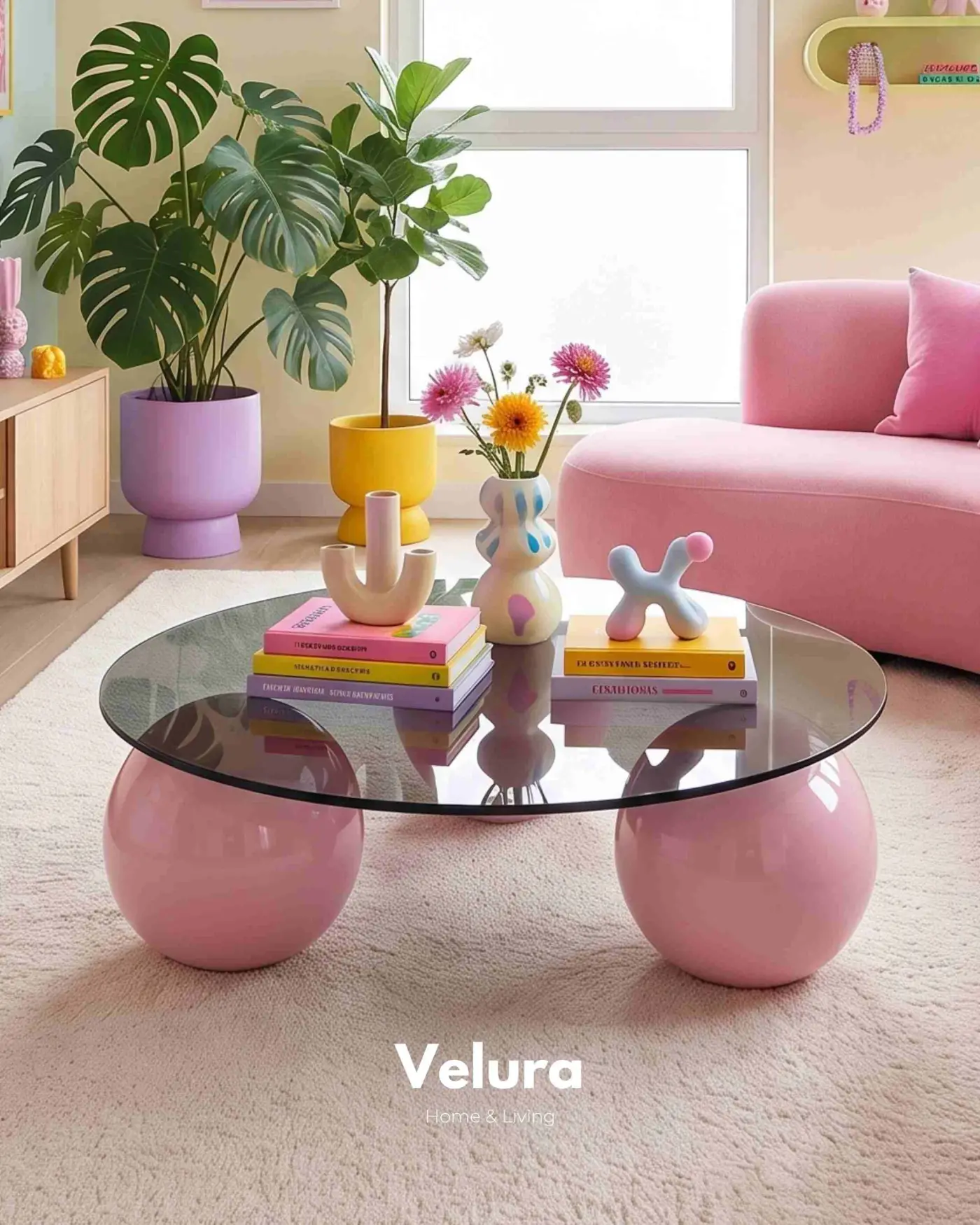 Koyu füme cam yüzeyli pembe küre salon sehpası