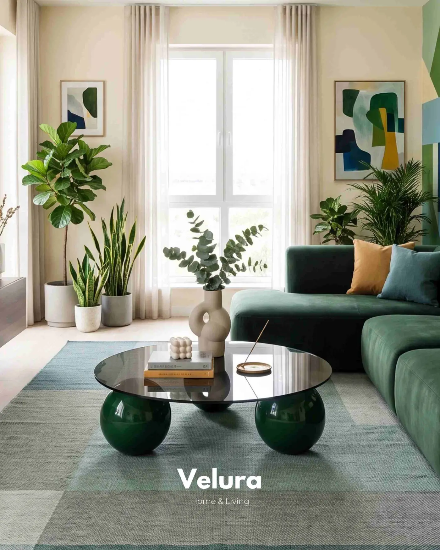 Yuvarlak koyu füme cam yüzeyli yeşil küre sehpa
