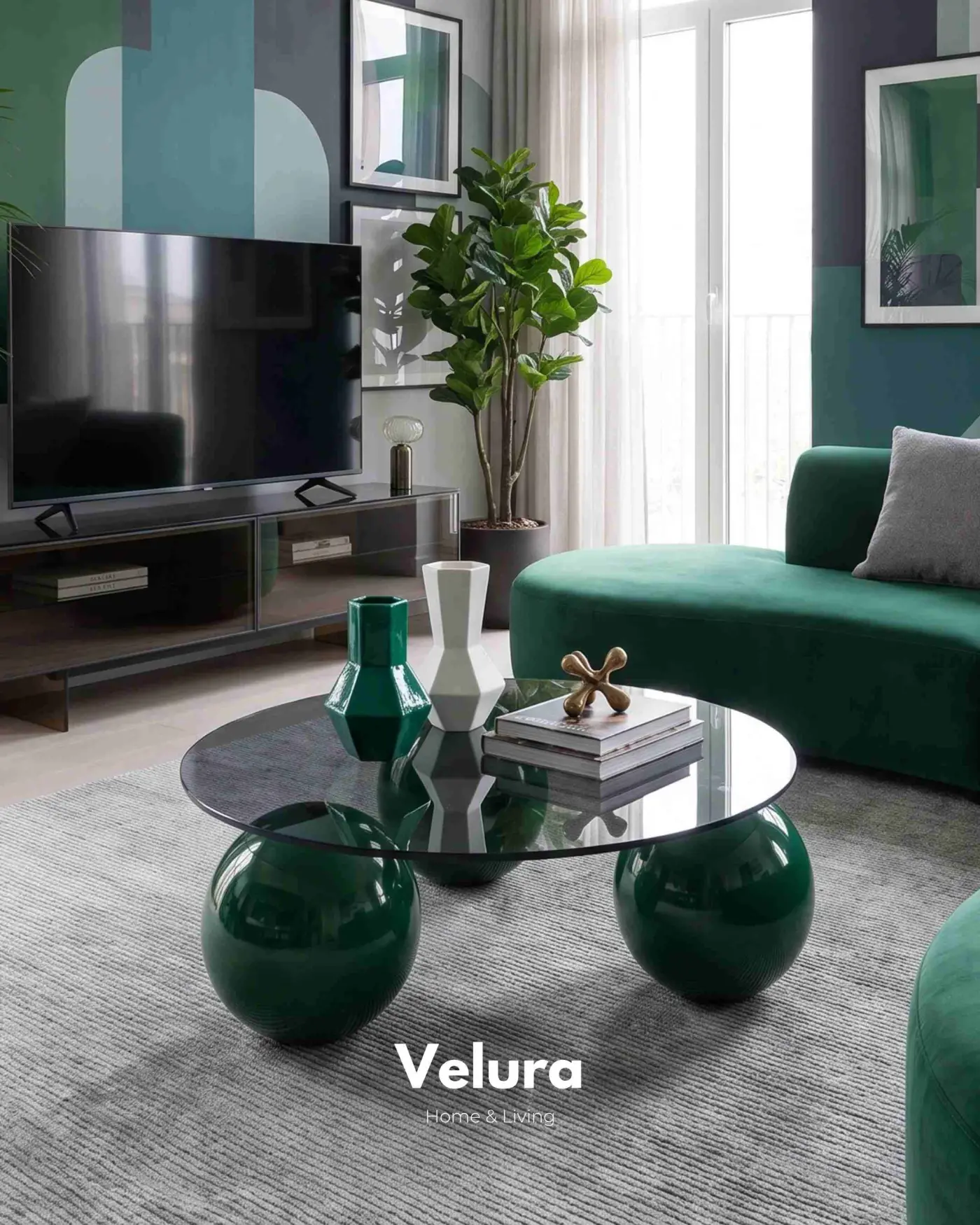 Yuvarlak koyu füme cam yüzeyli yeşil küre sehpa