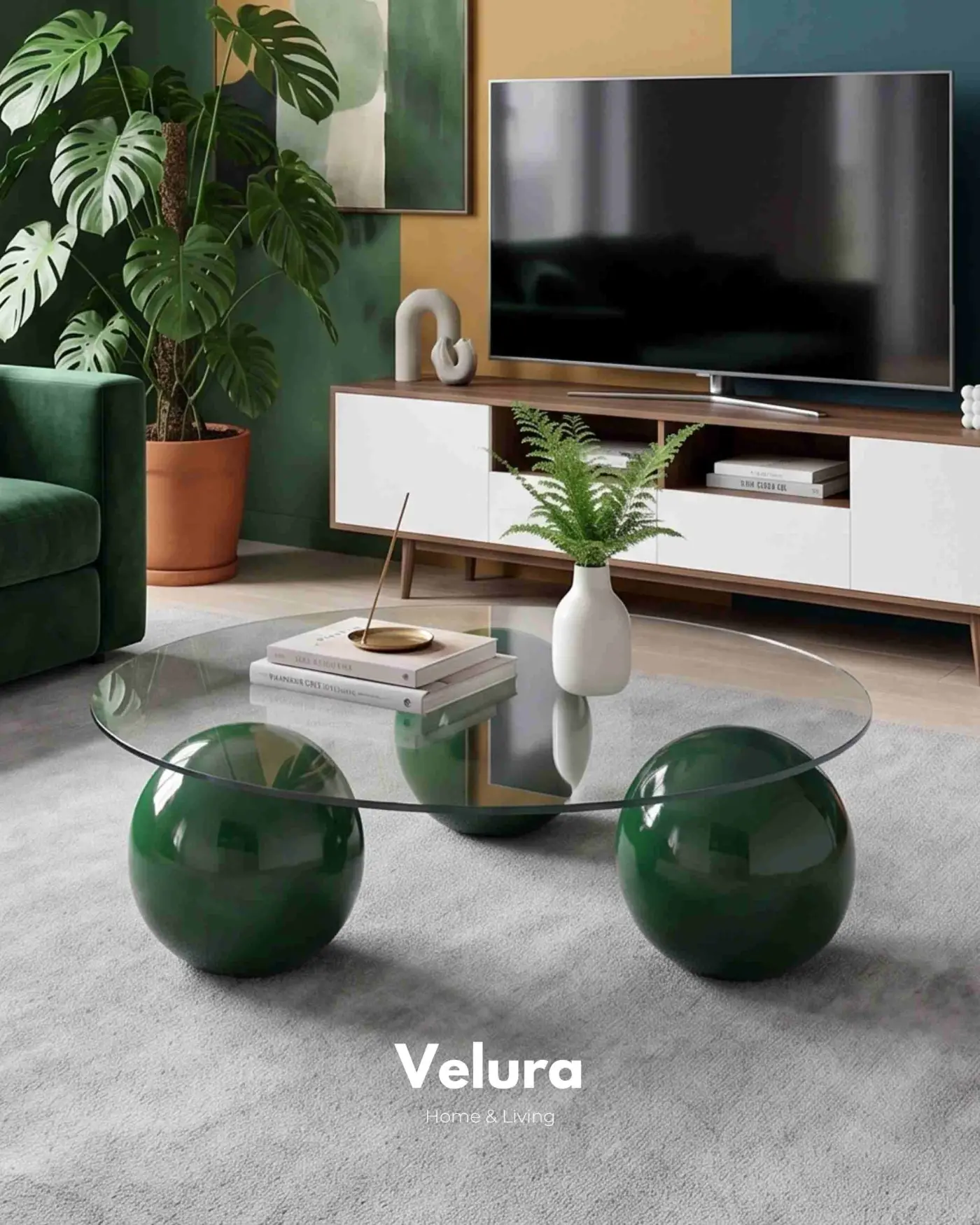 Velura Home koyu yeşil poliüretan ayaklı cam sehpa