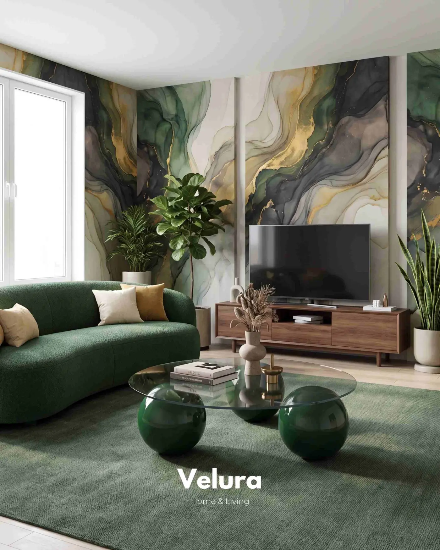 Velura Home koyu yeşil poliüretan ayaklı cam sehpa