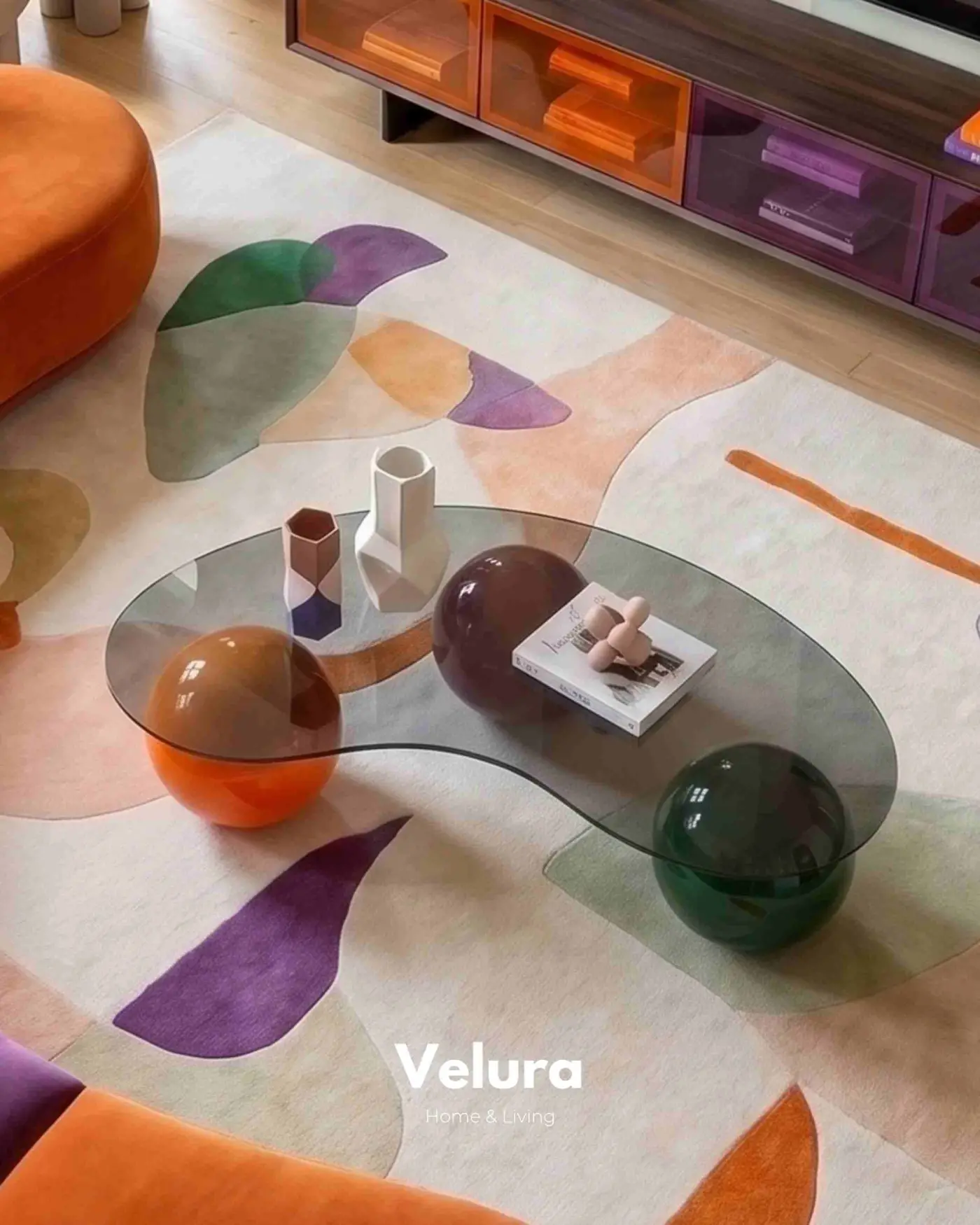 120x70 cm Colorium çok renkli küre ayaklı füme cam sehpa