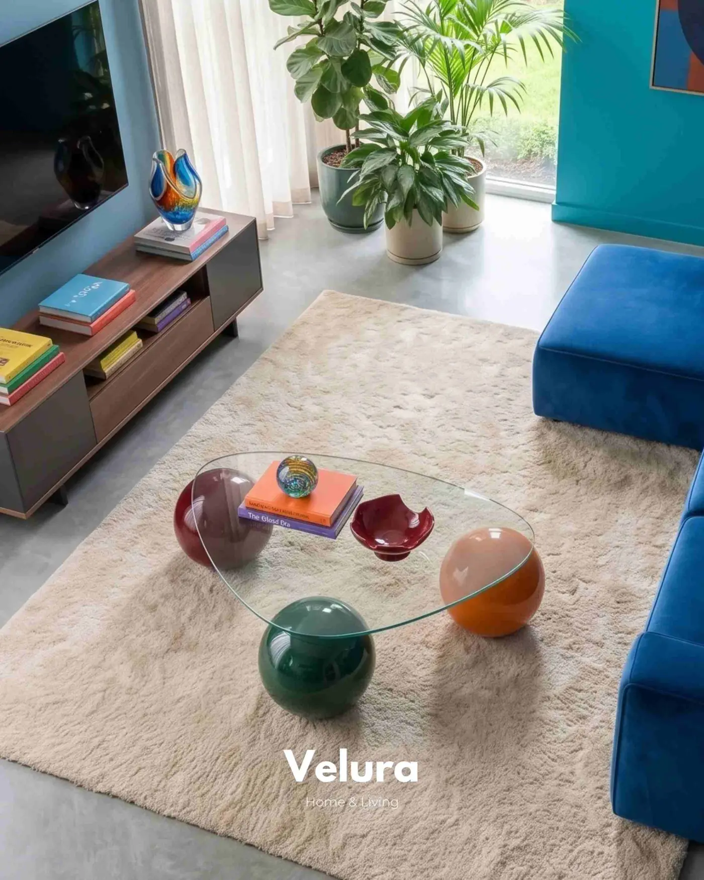 Geometrik şeffaf cam tablalı Colorium dekoratif küre orta sehpa