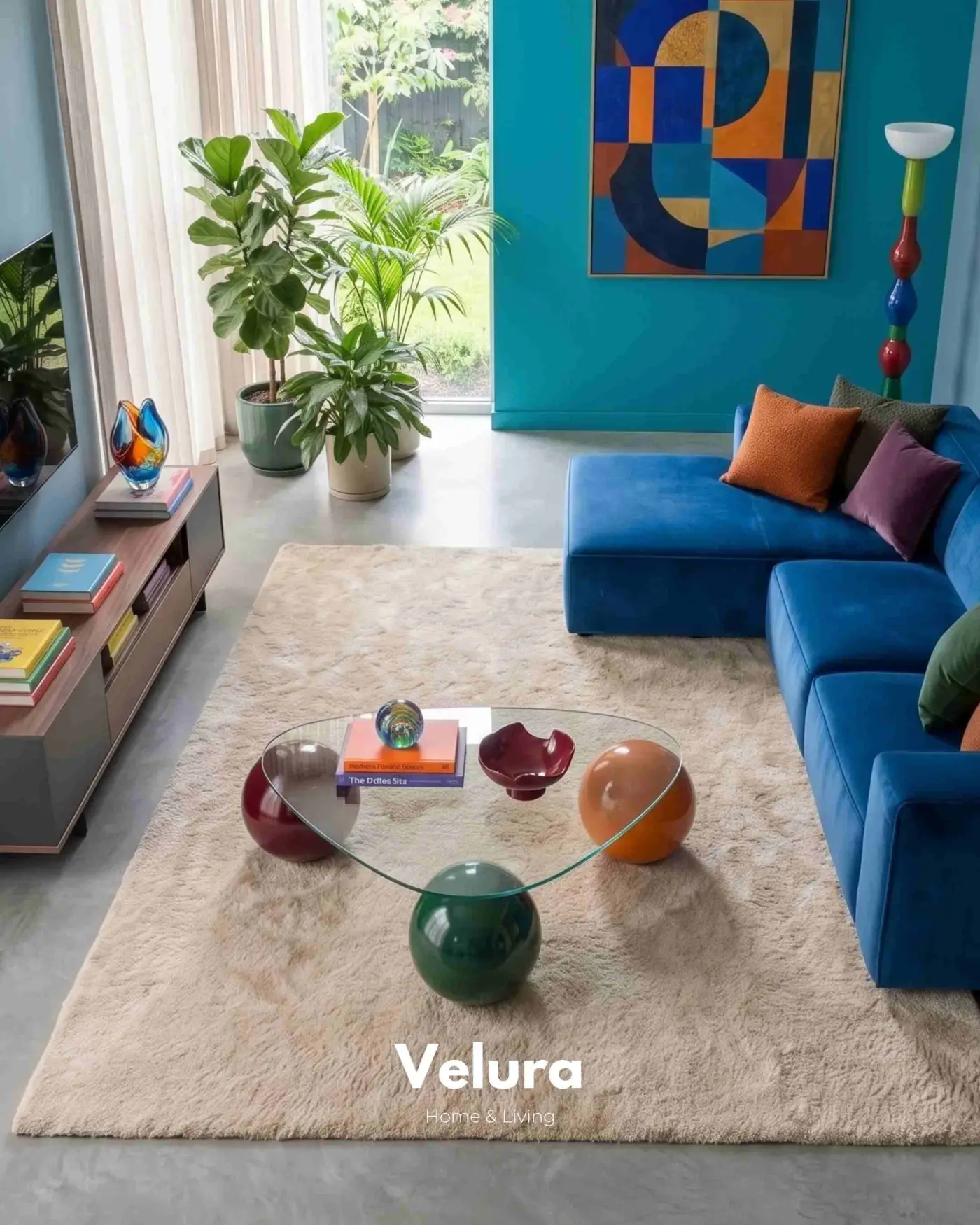 Geometrik şeffaf cam tablalı Colorium dekoratif küre orta sehpa