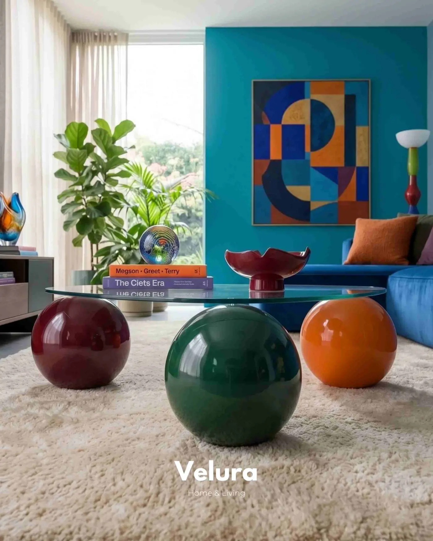 Geometrik şeffaf cam tablalı Colorium dekoratif küre orta sehpa