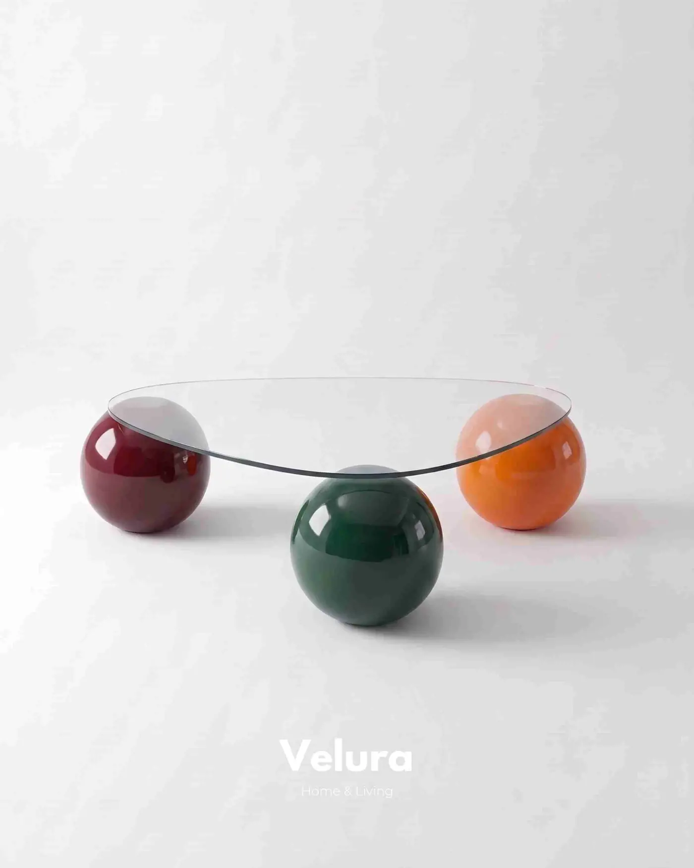 Geometrik şeffaf cam tablalı Colorium dekoratif küre orta sehpa
