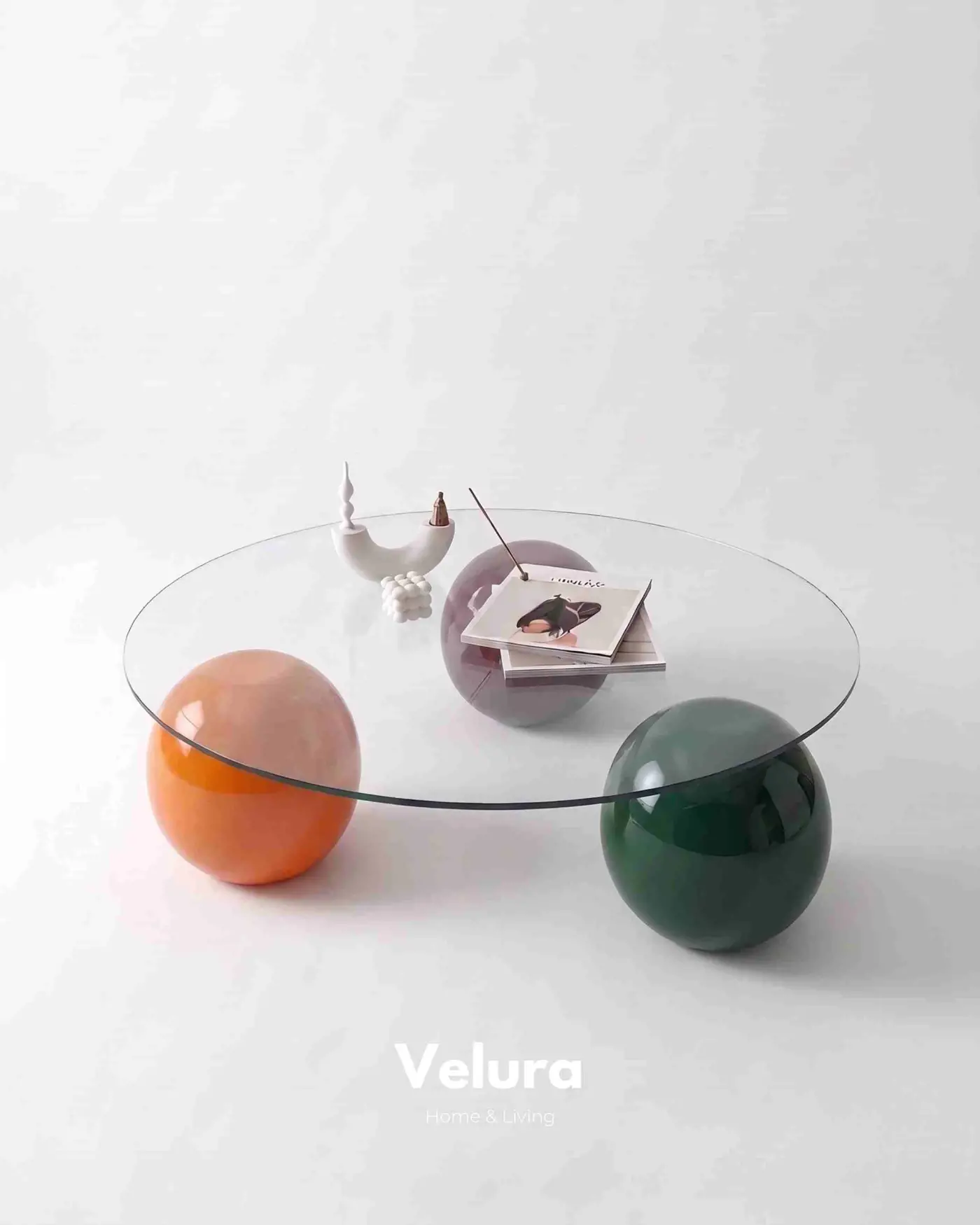 Velura Home Colorium yuvarlak şeffaf camlı üç renk küre orta sehpa
