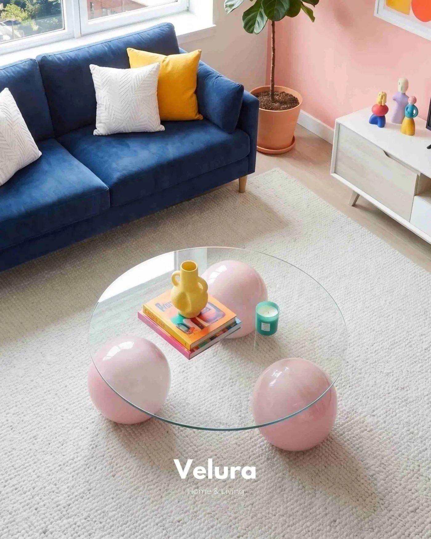 Velura Home modern pembe ayaklı cam salon sehpası