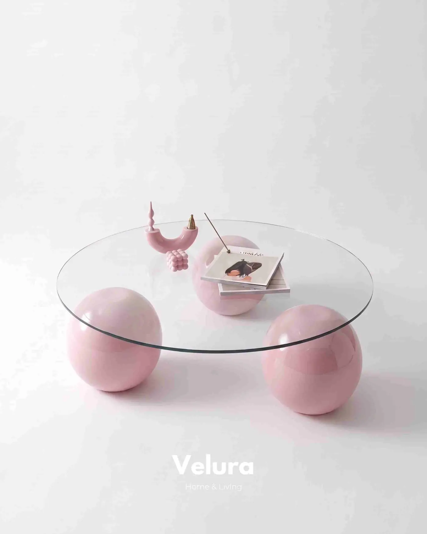 Velura Home modern pembe ayaklı cam salon sehpası