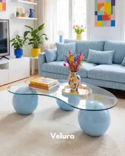 Küre Orta Sehpa - Açık Mavi - Fasulye - Şeffaf Cam