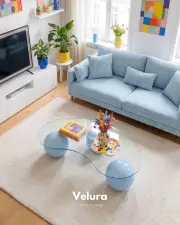 Küre Orta Sehpa - Açık Mavi - Fasulye - Şeffaf Cam