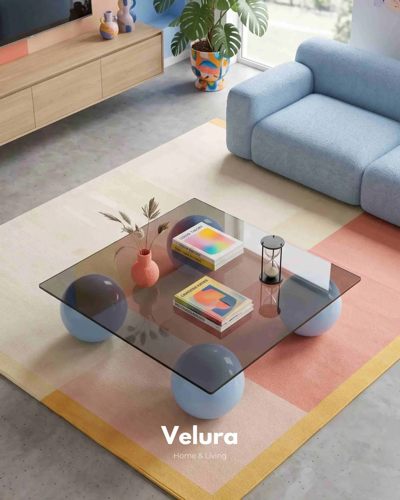 100x100 cm kare füme cam tablalı açık mavi sehpa