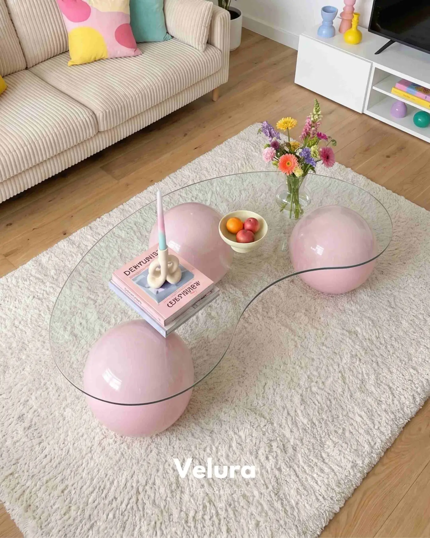 Pembe küre ayaklı şeffaf fasulye cam orta sehpa