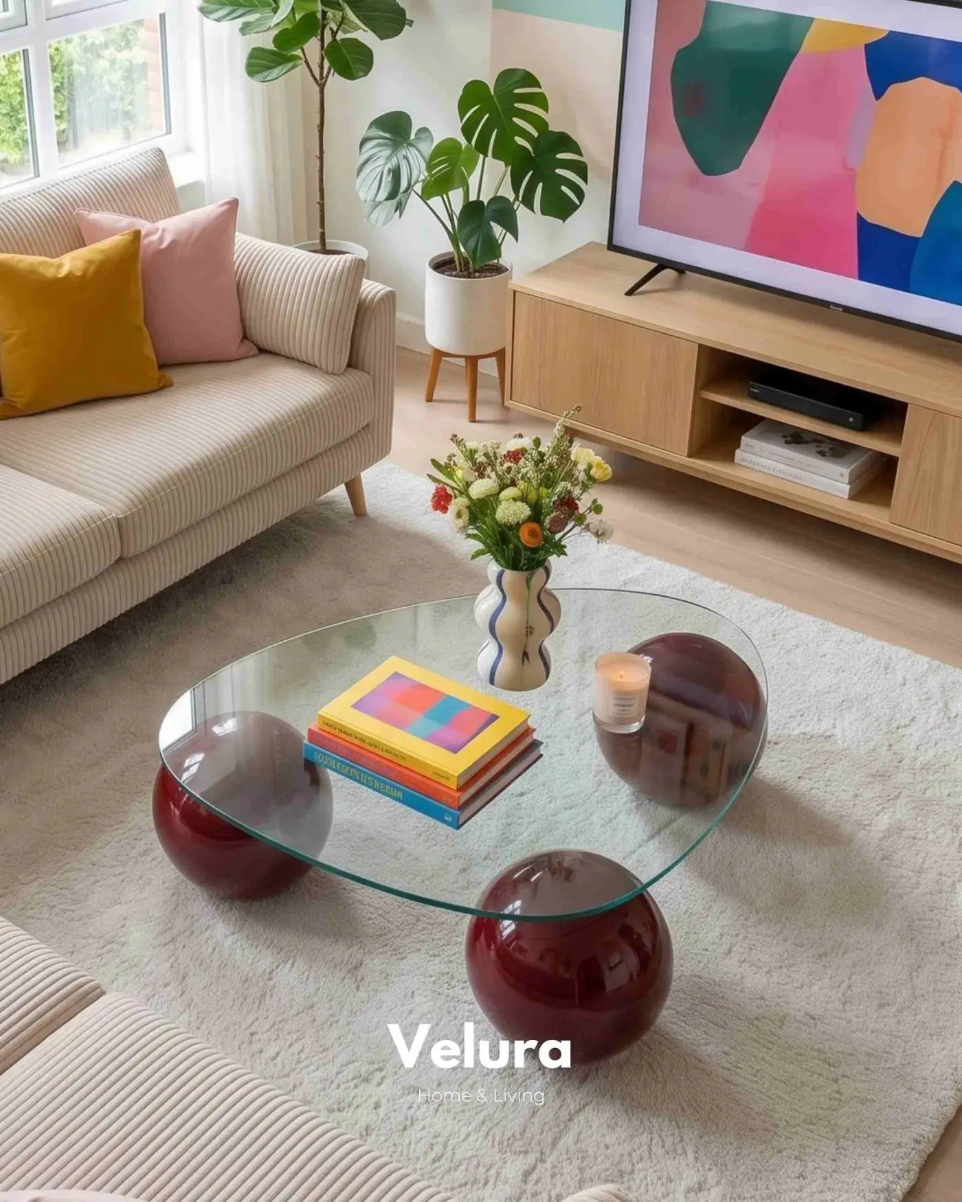 Modern tasarımlı bordo küre ayaklı üçgen orta sehpa