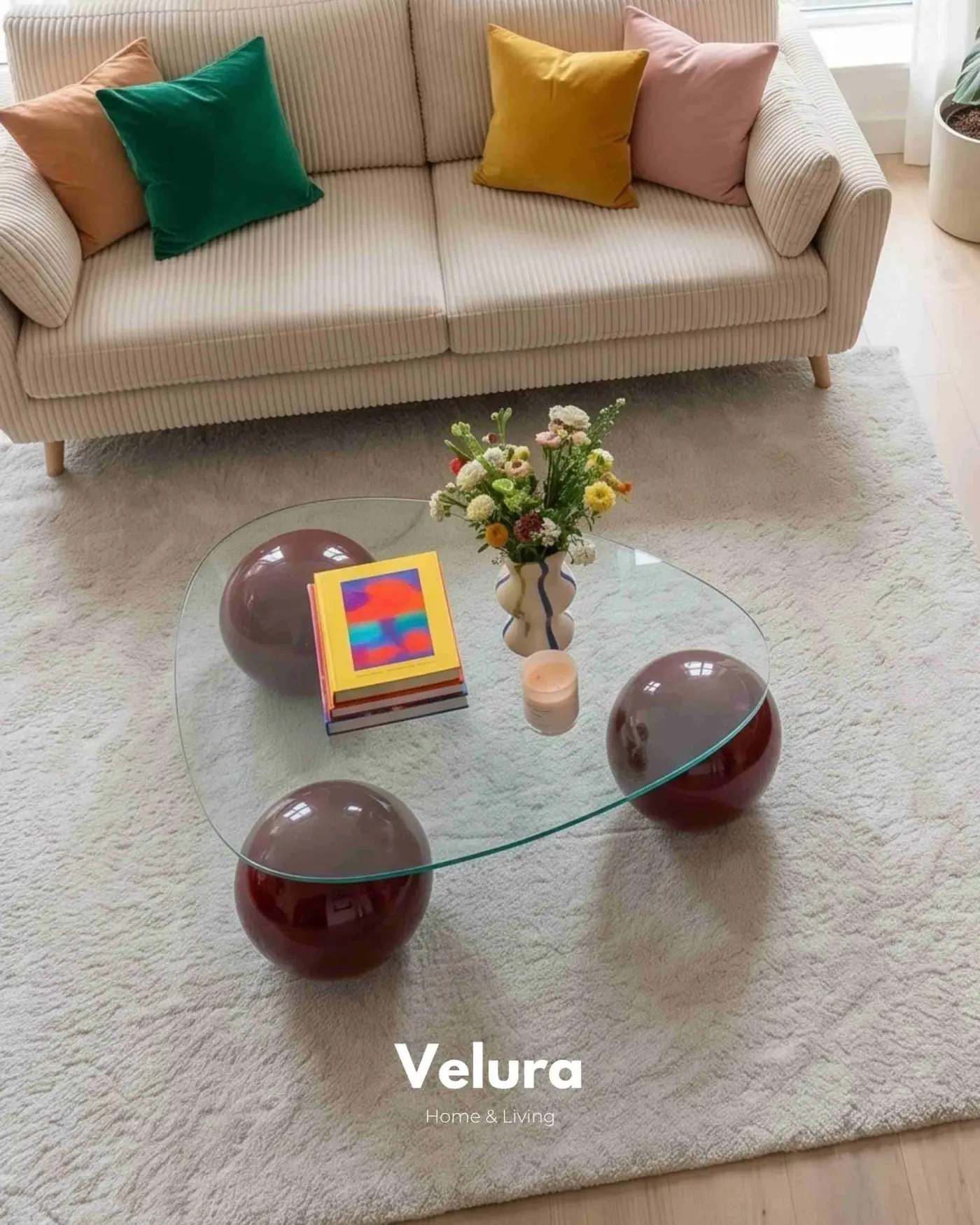 Modern tasarımlı bordo küre ayaklı üçgen orta sehpa